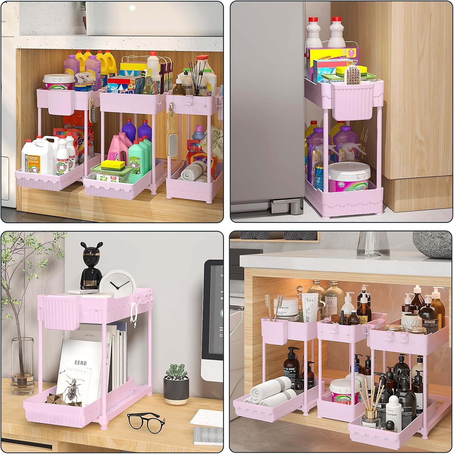 image:imageSevenblue 3 Pack Under Sink Organizers2Tier MultiUse Kitchen and Bathroom Organizers and Storage with Sliding DrawersBathroom Cabinet Organizer Black 128 InchPink