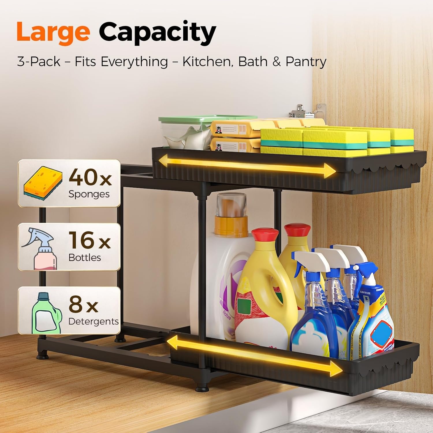 image:imageSevenblue 3 Pack Under Sink Organizers2Tier MultiUse Kitchen and Bathroom Organizers and Storage with Sliding DrawersBathroom Cabinet Organizer Black 128 InchBlack 2Tier Sliding