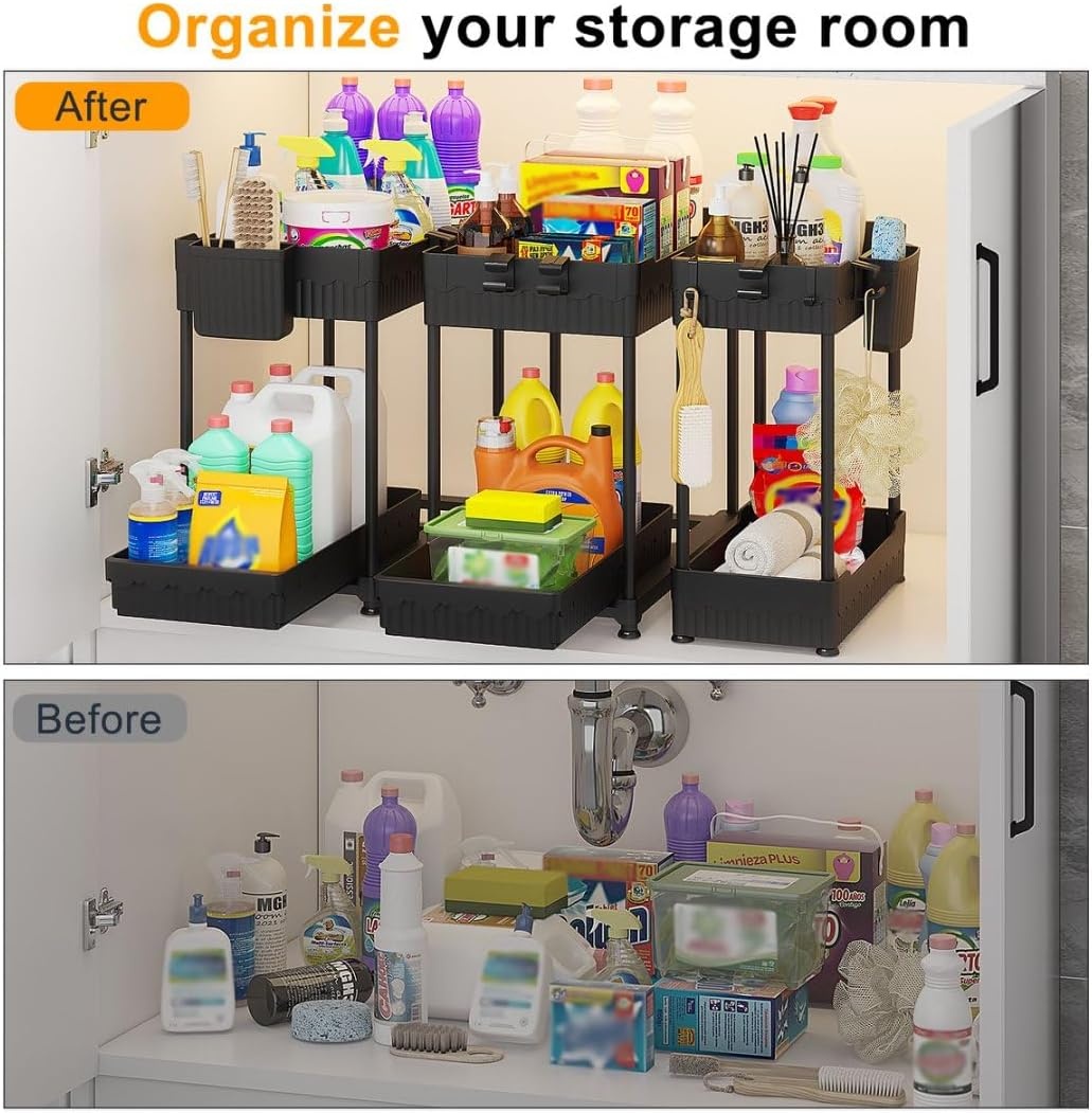 image:imageSevenblue 3 Pack Under Sink Organizers2Tier MultiUse Kitchen and Bathroom Organizers and Storage with Sliding DrawersBathroom Cabinet Organizer Black 128 InchBlack