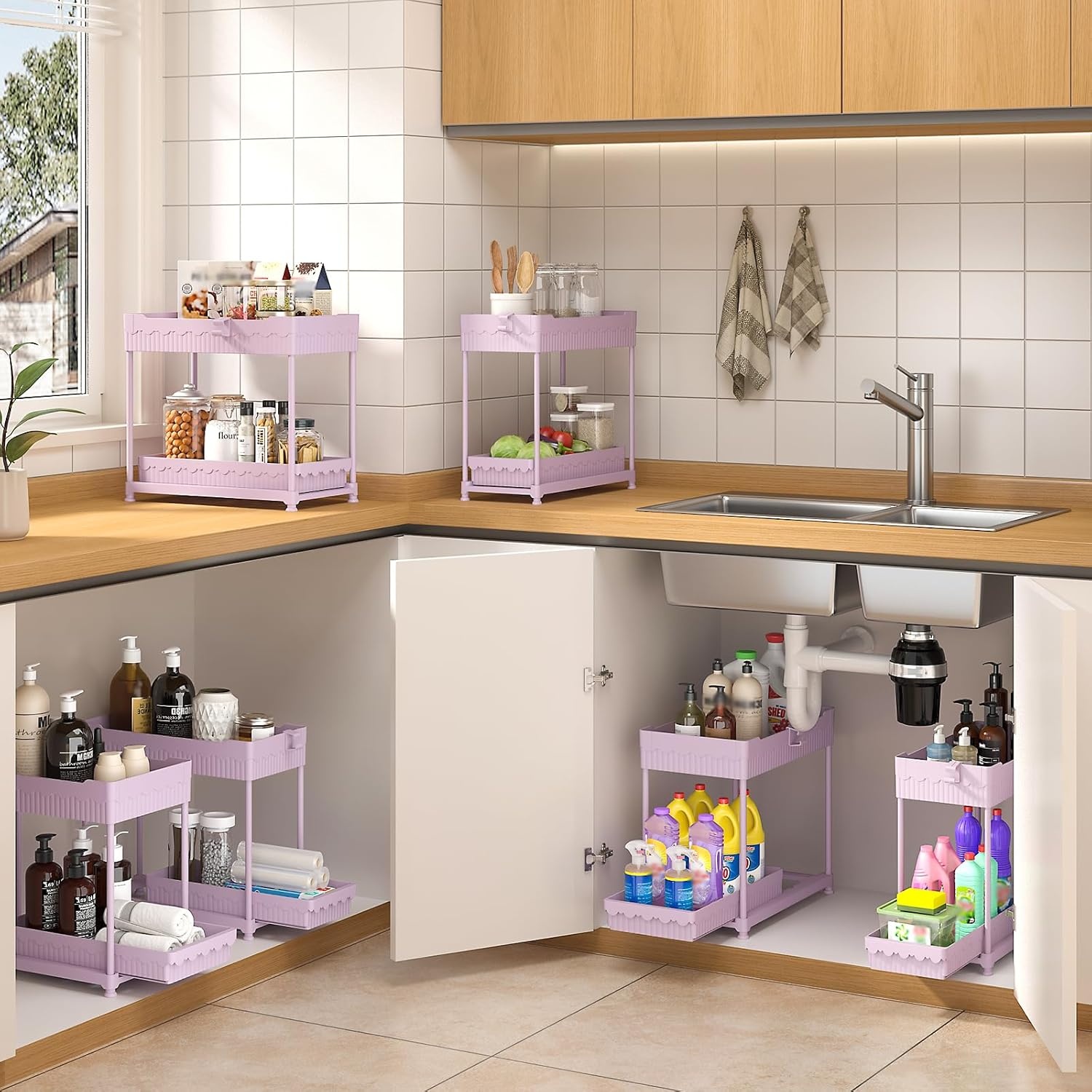 image:imageSevenblue 3 Pack Under Sink Organizers2Tier MultiUse Kitchen and Bathroom Organizers and Storage with Sliding DrawersBathroom Cabinet Organizer Black 128 InchPink