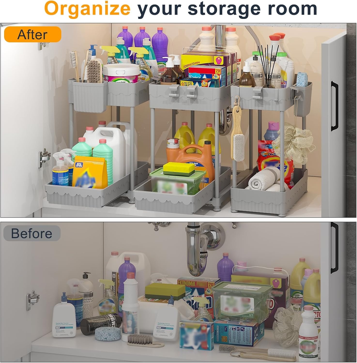 image:imageSevenblue 3 Pack Under Sink Organizers2Tier MultiUse Kitchen and Bathroom Organizers and Storage with Sliding DrawersBathroom Cabinet Organizer Black 128 InchGray