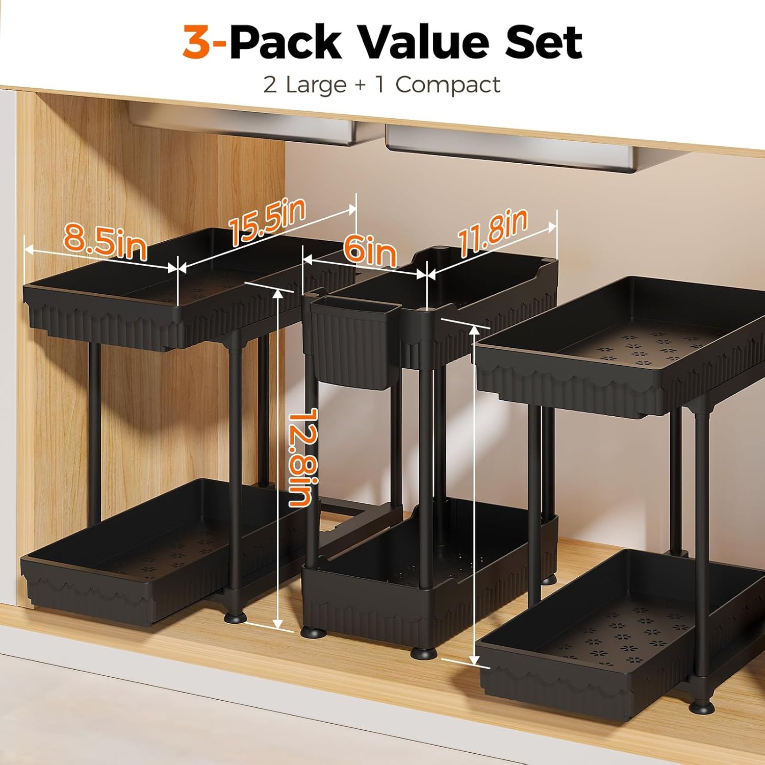image:imageSevenblue 3 Pack Under Sink Organizers2Tier MultiUse Kitchen and Bathroom Organizers and Storage with Sliding DrawersBathroom Cabinet Organizer Black 128 InchBlack 2Tier Sliding