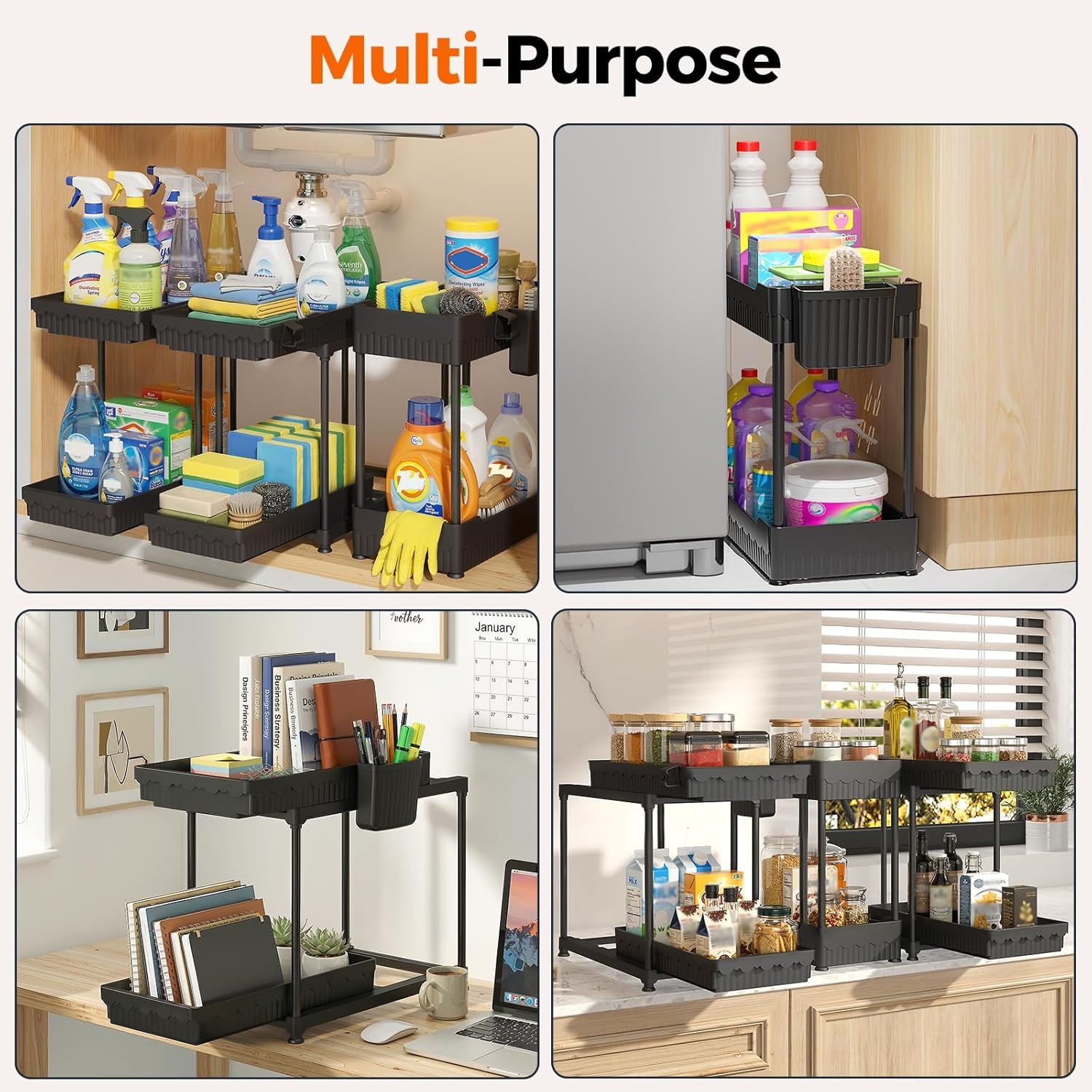image:imageSevenblue 3 Pack Under Sink Organizers2Tier MultiUse Kitchen and Bathroom Organizers and Storage with Sliding DrawersBathroom Cabinet Organizer Black 128 InchBlack 2Tier Sliding