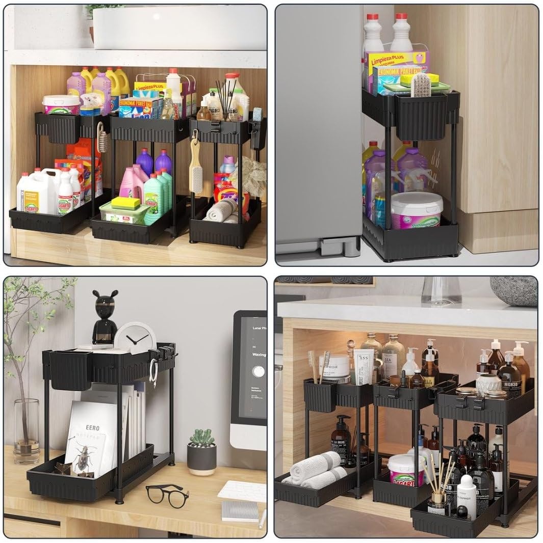 image:imageSevenblue 3 Pack Under Sink Organizers2Tier MultiUse Kitchen and Bathroom Organizers and Storage with Sliding DrawersBathroom Cabinet Organizer Black 128 InchBlack