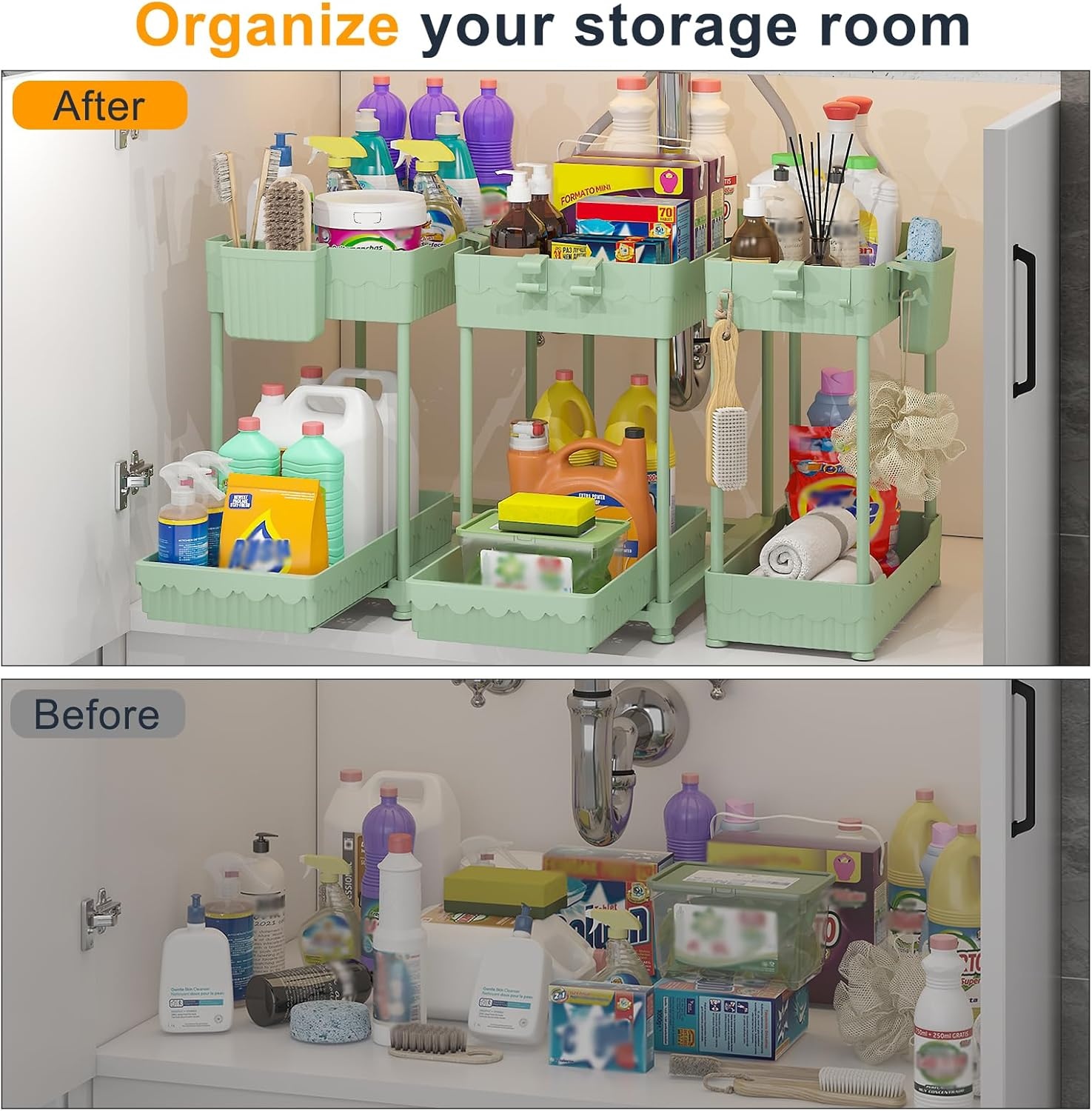 image:imageSevenblue 3 Pack Under Sink Organizers2Tier MultiUse Kitchen and Bathroom Organizers and Storage with Sliding DrawersBathroom Cabinet Organizer Black 128 InchGreen