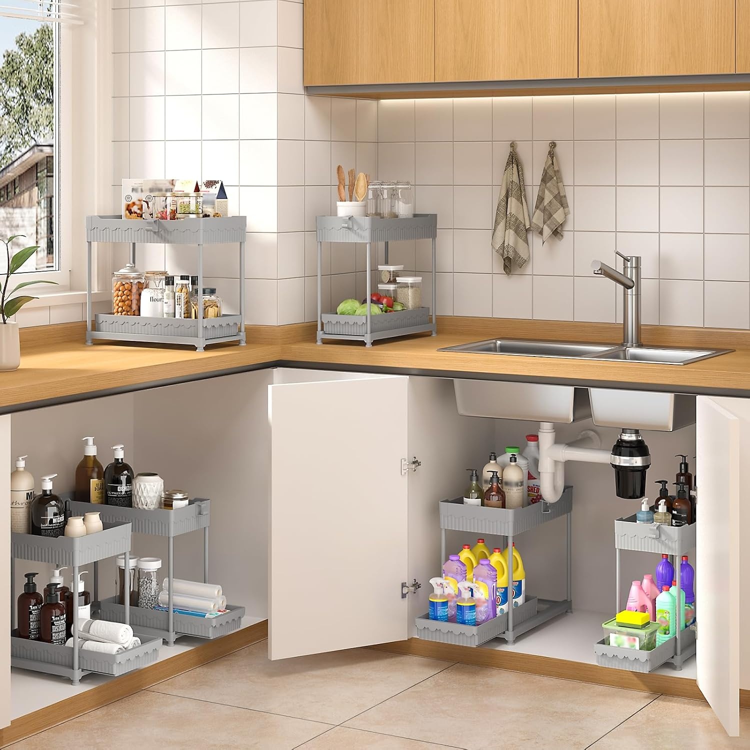 image:imageSevenblue 3 Pack Under Sink Organizers2Tier MultiUse Kitchen and Bathroom Organizers and Storage with Sliding DrawersBathroom Cabinet Organizer Black 128 InchGray