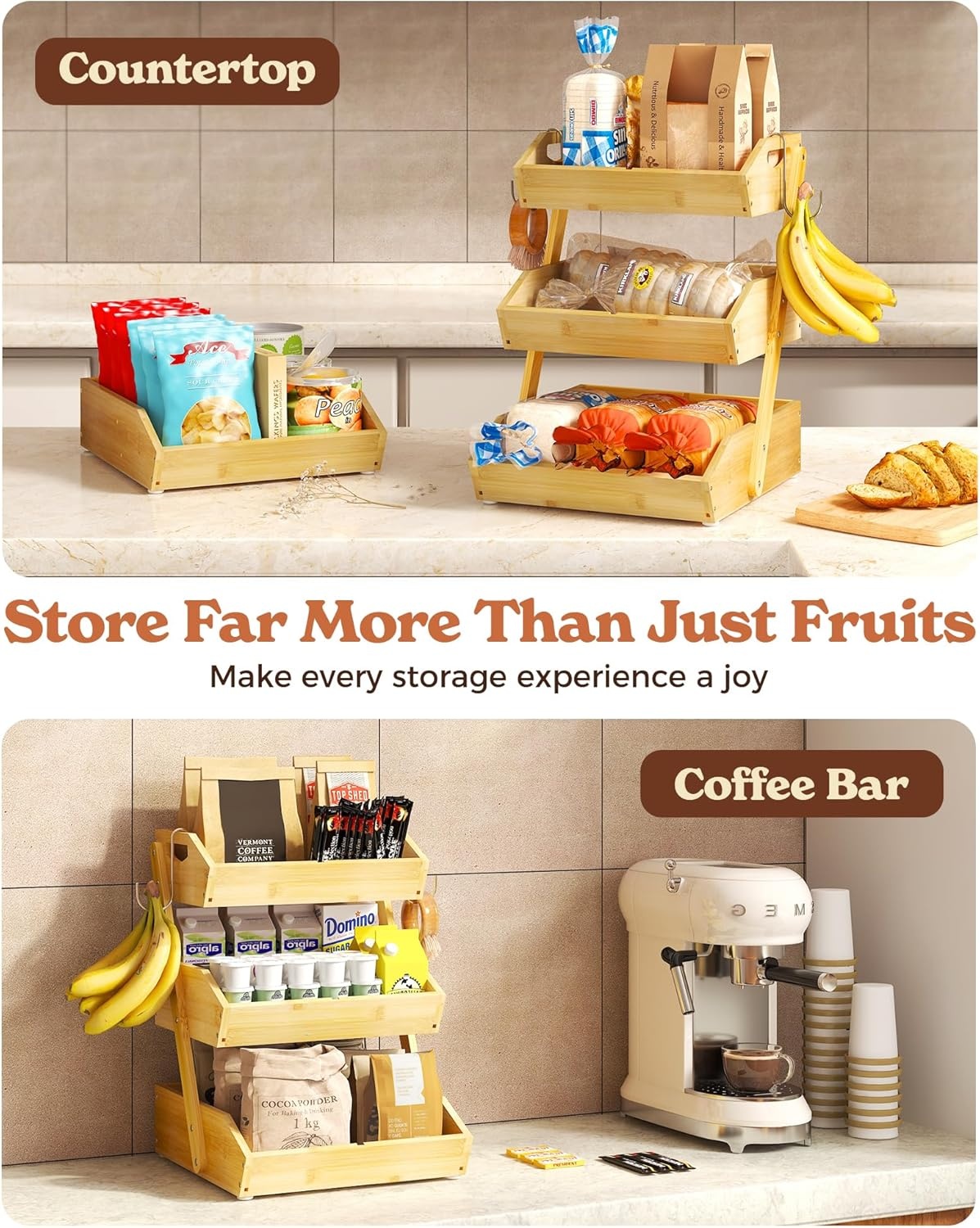 image:imageSevenblue 3 Tier Large Bamboo Fruit Basket for Kitchen Counter with 2 Banana Holders Kitchen Countertop Organizer with Protective Mats Tiered Fruit Bowl for Bread Snack Veggies with Dividers3 Tier