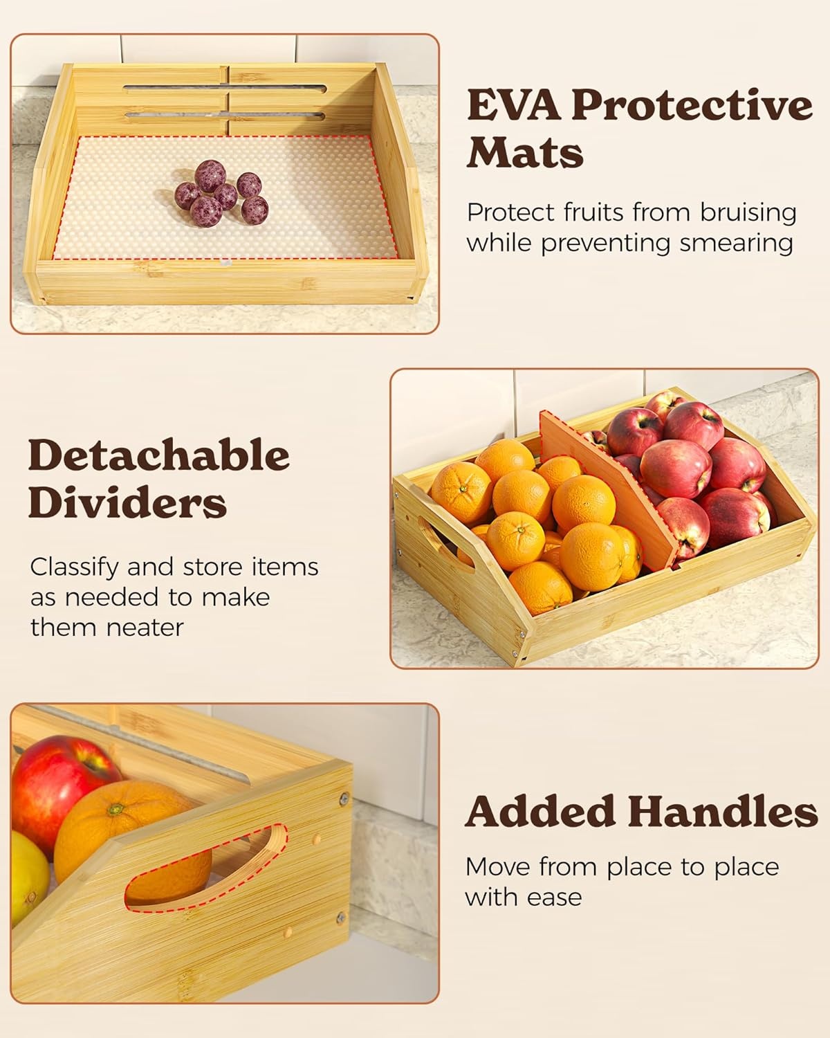 image:imageSevenblue 3 Tier Large Bamboo Fruit Basket for Kitchen Counter with 2 Banana Holders Kitchen Countertop Organizer with Protective Mats Tiered Fruit Bowl for Bread Snack Veggies with Dividers3 Tier