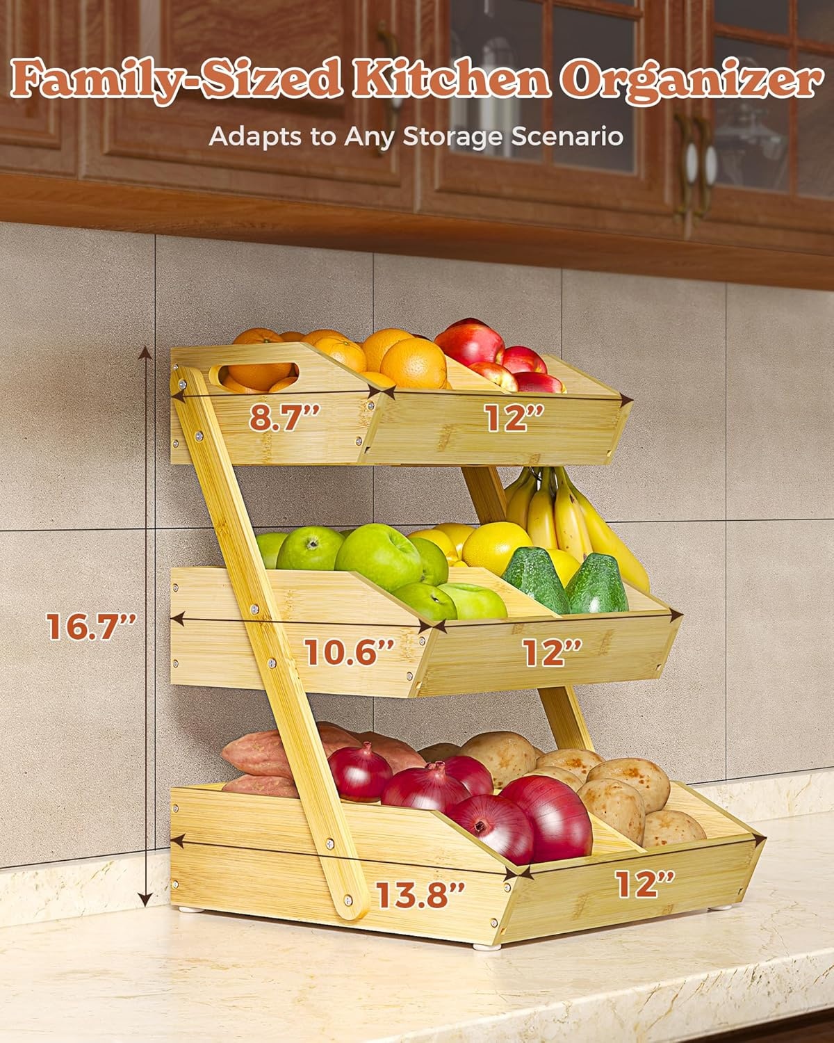 image:imageSevenblue 3 Tier Large Bamboo Fruit Basket for Kitchen Counter with 2 Banana Holders Kitchen Countertop Organizer with Protective Mats Tiered Fruit Bowl for Bread Snack Veggies with Dividers3 Tier
