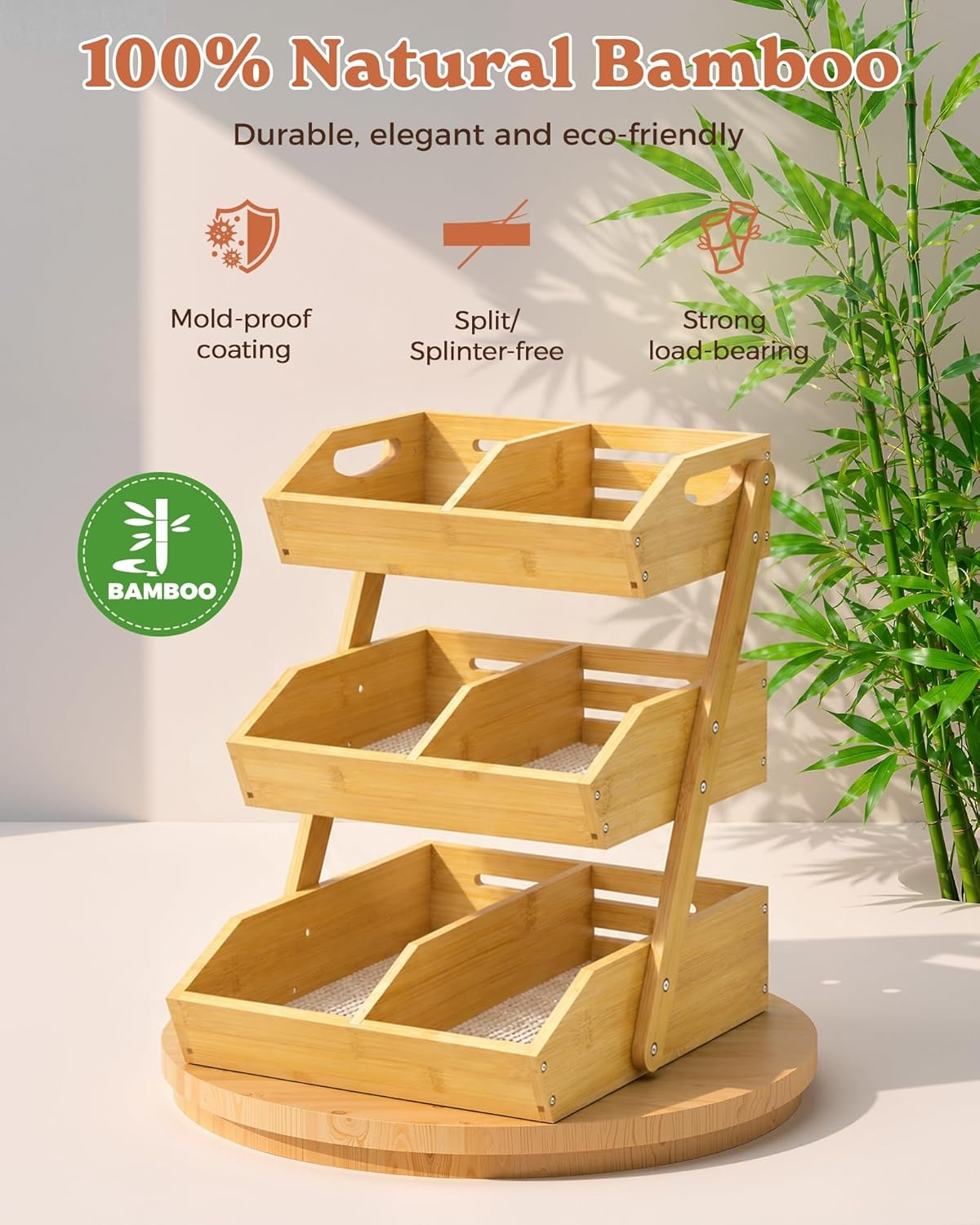 image:imageSevenblue 3 Tier Large Bamboo Fruit Basket for Kitchen Counter with 2 Banana Holders Kitchen Countertop Organizer with Protective Mats Tiered Fruit Bowl for Bread Snack Veggies with Dividers3 Tier
