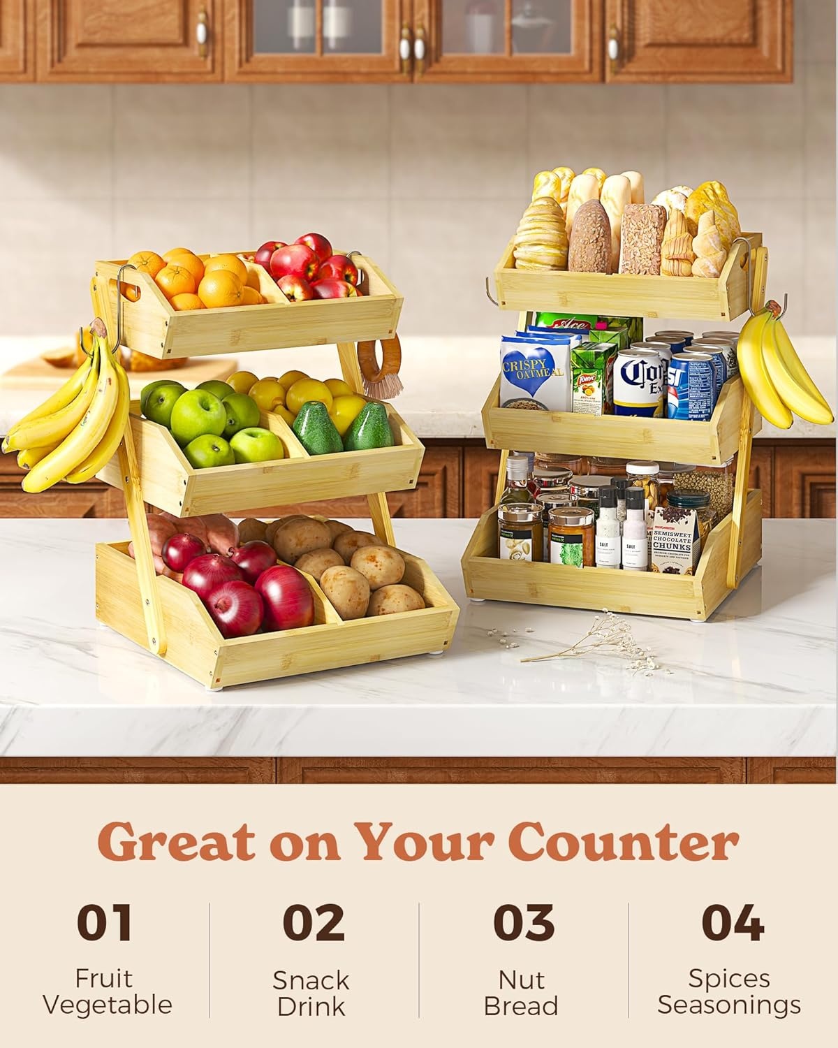 image:imageSevenblue 3 Tier Large Bamboo Fruit Basket for Kitchen Counter with 2 Banana Holders Kitchen Countertop Organizer with Protective Mats Tiered Fruit Bowl for Bread Snack Veggies with Dividers3 Tier