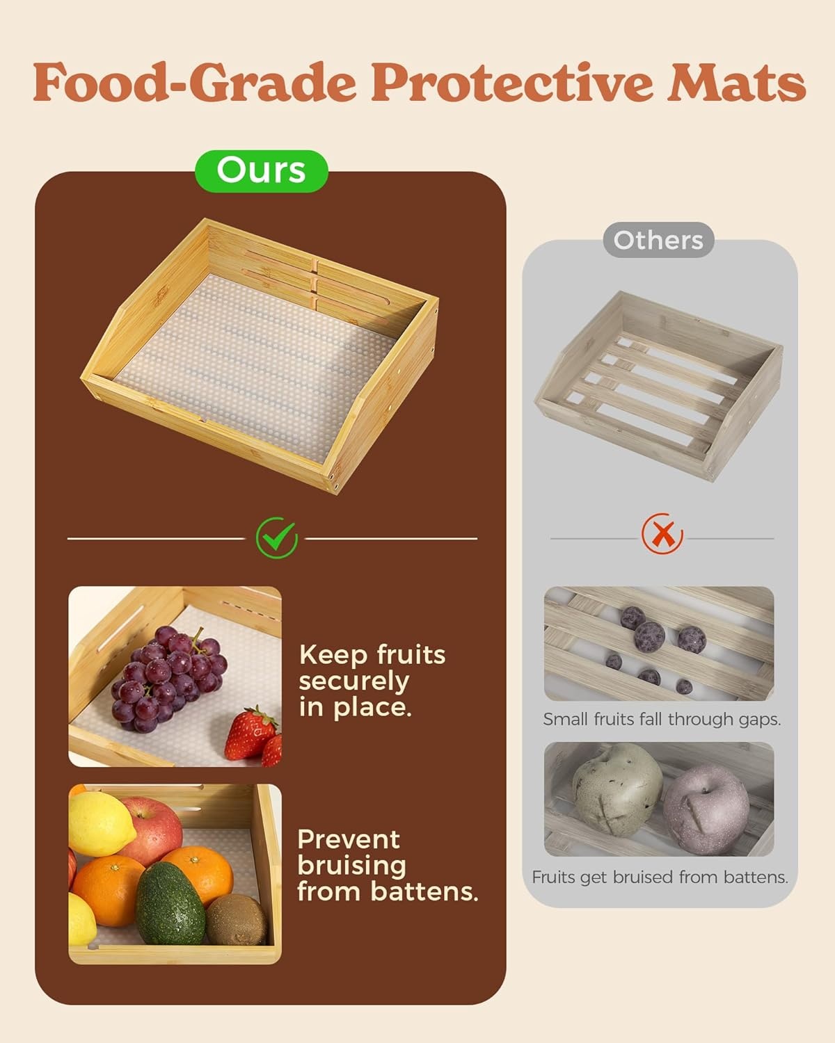 image:imageSevenblue 3 Tier Wooden Fruit Basket with 2 Mobile Banana Holders 2 Pack Under Sink Organizer with Hooks Hanging Cup
