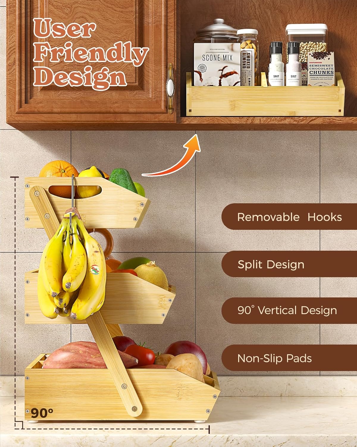 image:imageSevenblue 3 Tier Wooden Fruit Basket with 2 Mobile Banana Holders Height Adjustable 2 Packs Under Sink Organizer