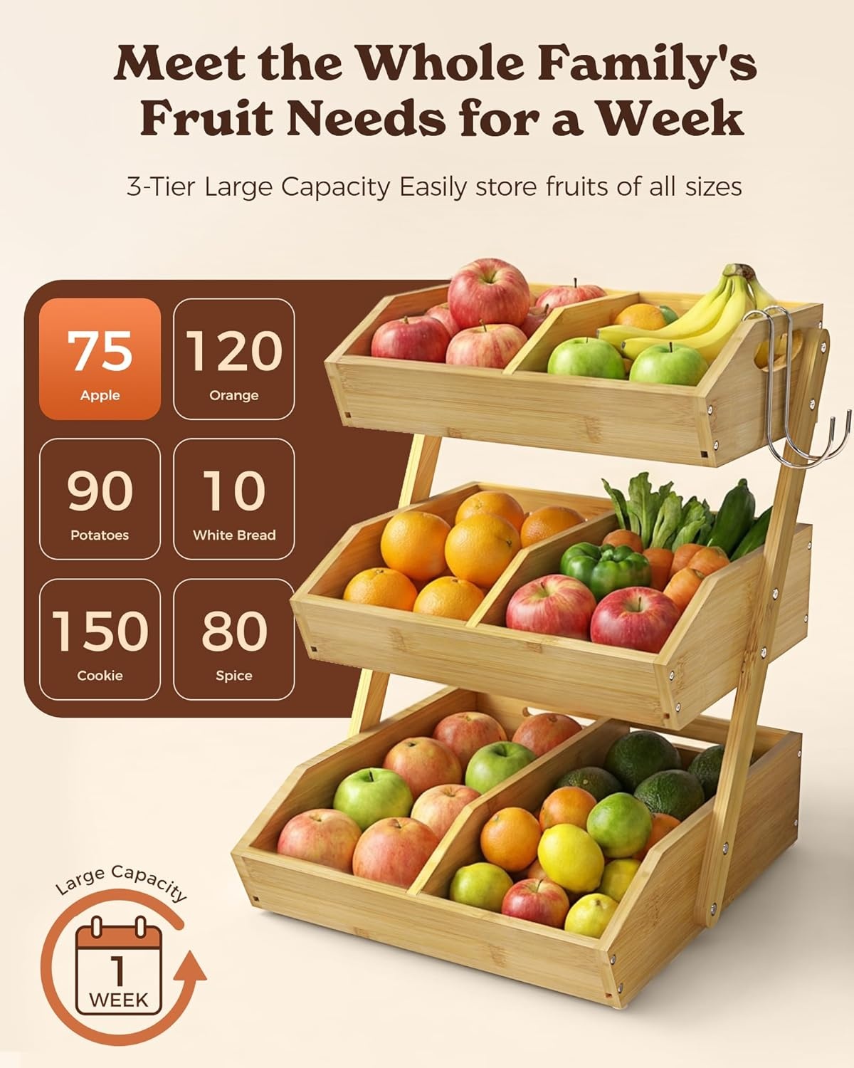 image:imageSevenblue 3 Tier Wooden Fruit Basket with 2 Mobile Banana Holders Height Adjustable 2 Packs Under Sink Organizer
