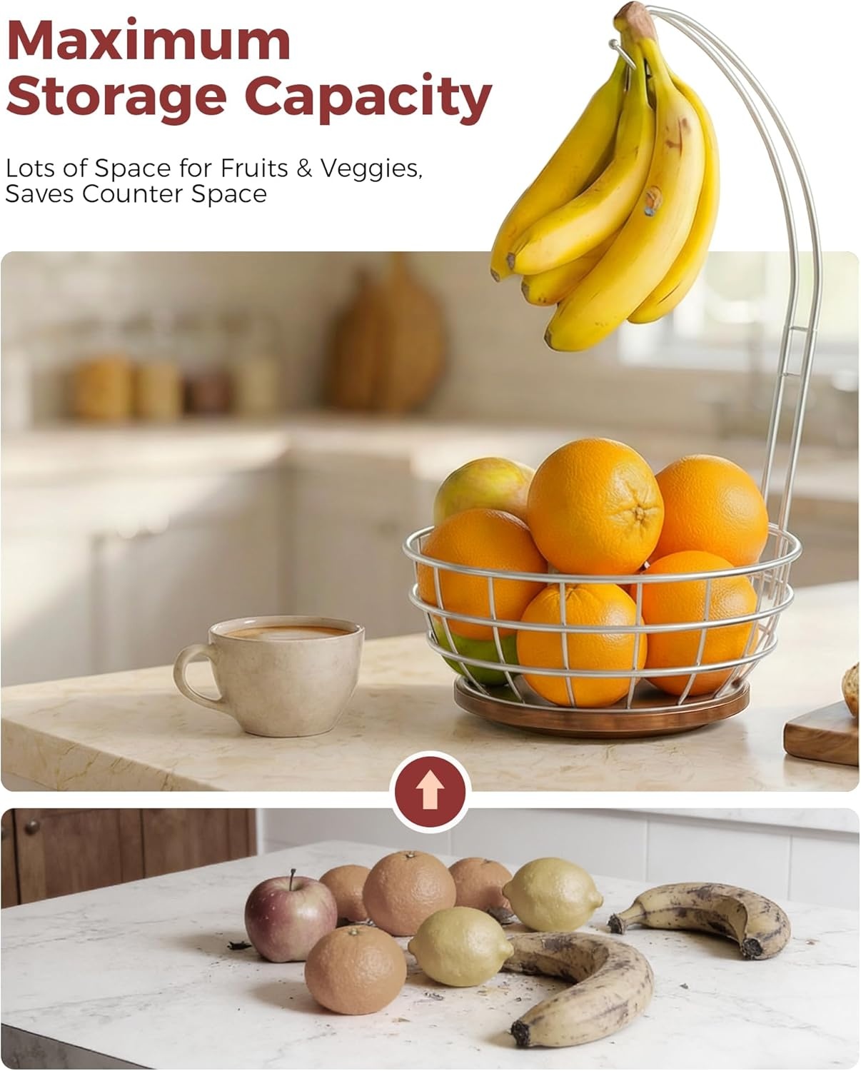 image:imageSevenblue 360Rotating Fruit Basket for Kitchen Counter with Upgraded Banana Hanger 2026 Pro Metal Countertop Fruit and Vegetable Basket Bowl Storage with Wooden NonSlip Base BlackSilver