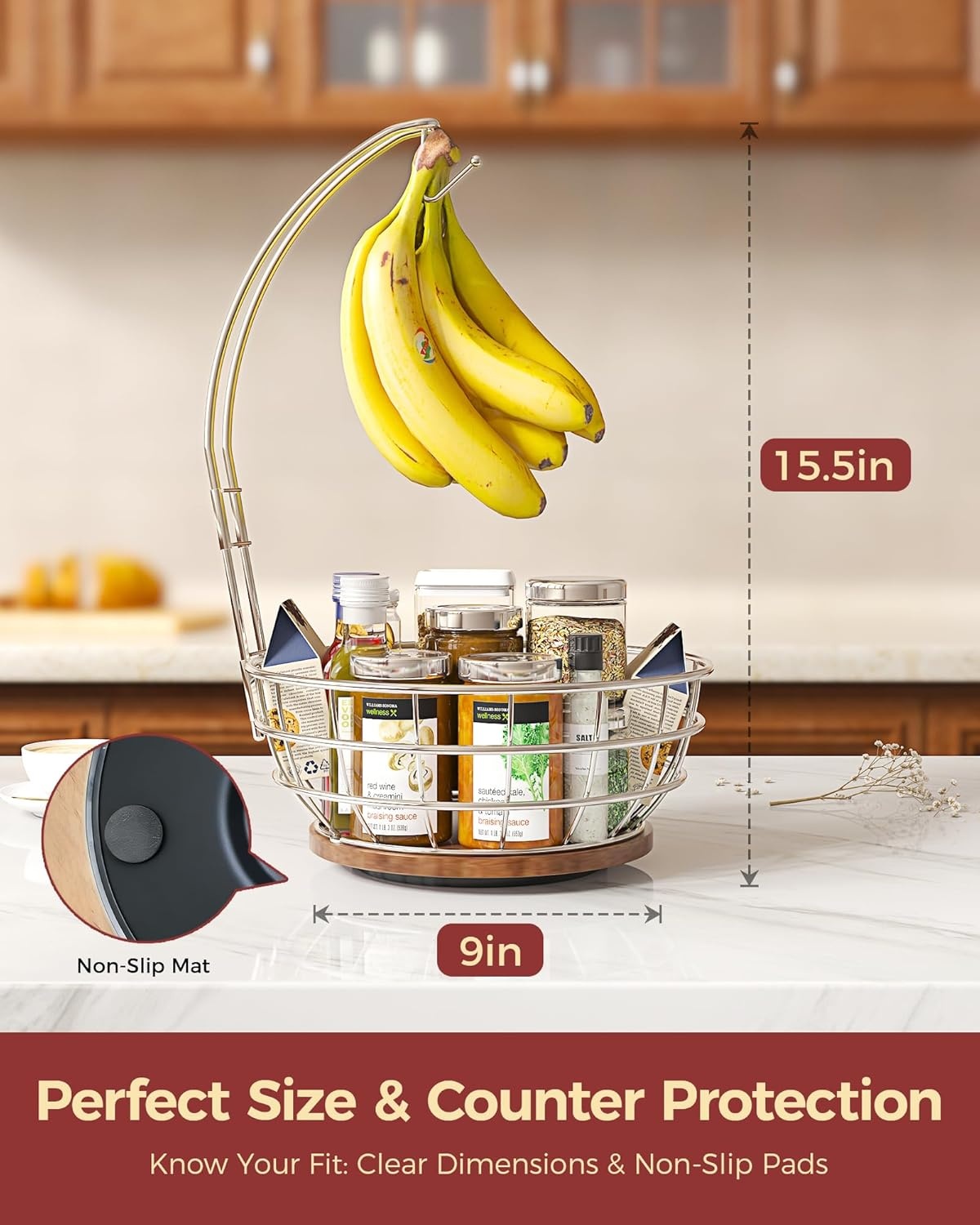 image:imageSevenblue 360Rotating Fruit Basket for Kitchen Counter with Upgraded Banana Hanger 2026 Pro Metal Countertop Fruit and Vegetable Basket Bowl Storage with Wooden NonSlip Base BlackSilver