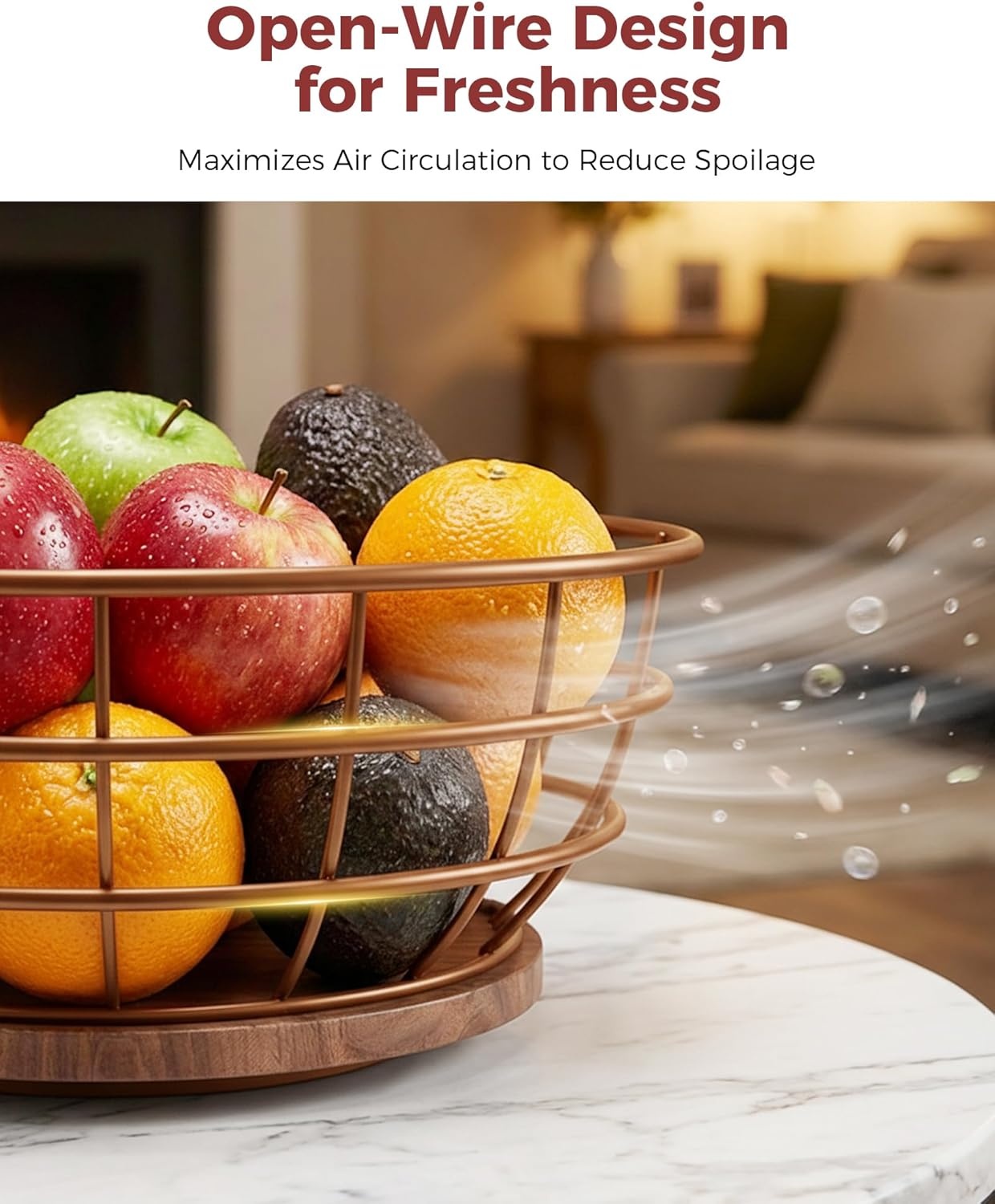 image:imageSevenblue 360Rotating Fruit Basket for Kitchen Counter with Upgraded Banana Hanger 2026 Pro Metal Countertop Fruit and Vegetable Basket Bowl Storage with Wooden NonSlip Base BlackBrown