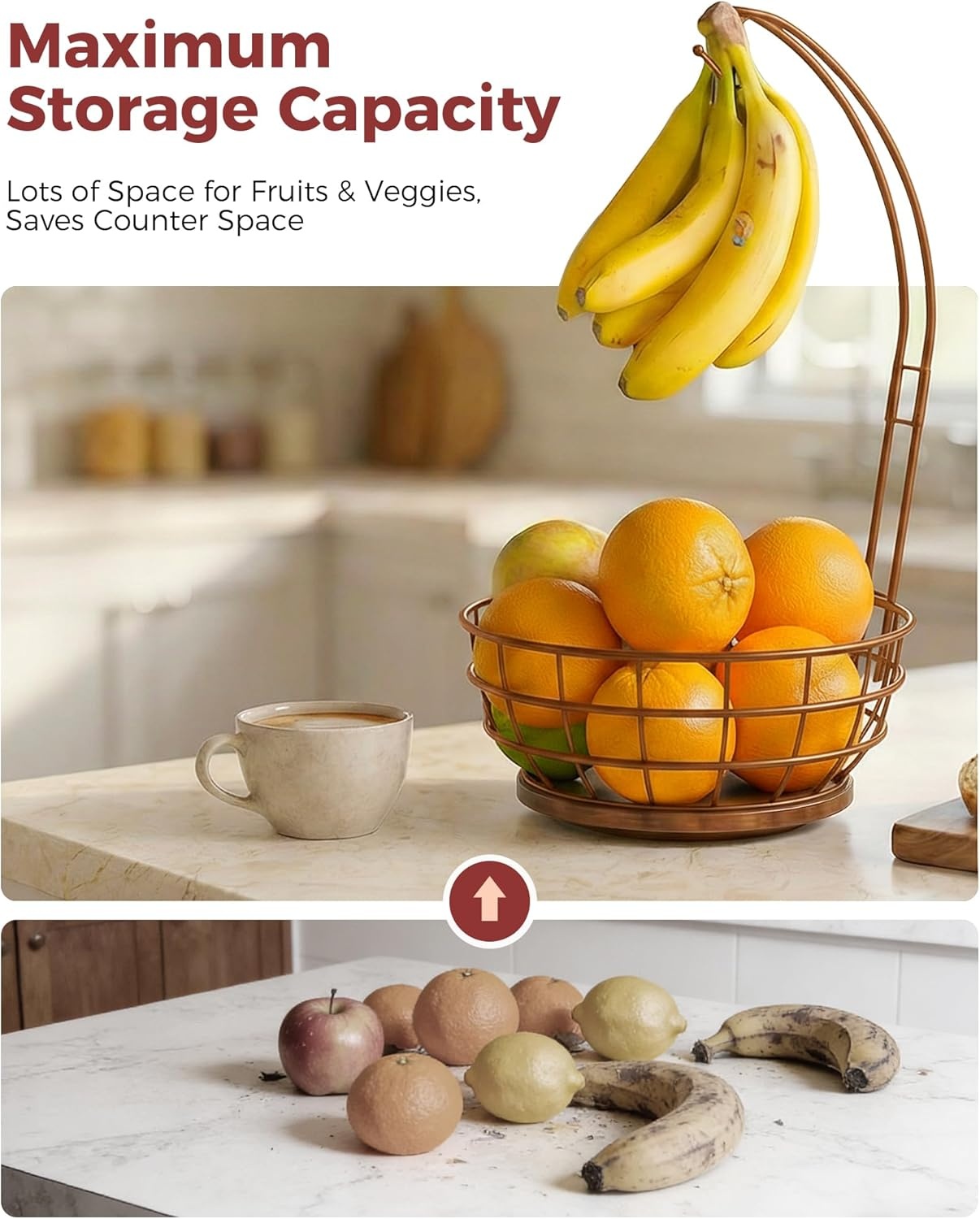 image:imageSevenblue 360Rotating Fruit Basket for Kitchen Counter with Upgraded Banana Hanger 2026 Pro Metal Countertop Fruit and Vegetable Basket Bowl Storage with Wooden NonSlip Base BlackBrown