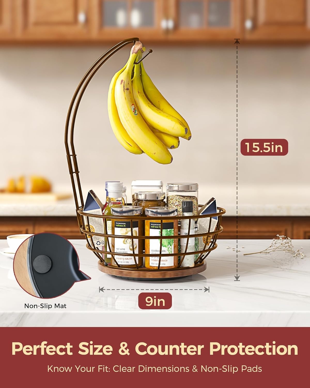 image:imageSevenblue 360Rotating Fruit Basket for Kitchen Counter with Upgraded Banana Hanger 2026 Pro Metal Countertop Fruit and Vegetable Basket Bowl Storage with Wooden NonSlip Base BlackBrown