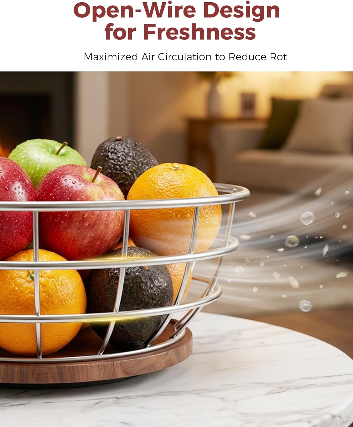 image:imageSevenblue 360Rotating Fruit Basket for Kitchen Counter with Upgraded Banana Hanger 2026 Pro Metal Countertop Fruit and Vegetable Basket Bowl Storage with Wooden NonSlip Base BlackSilver