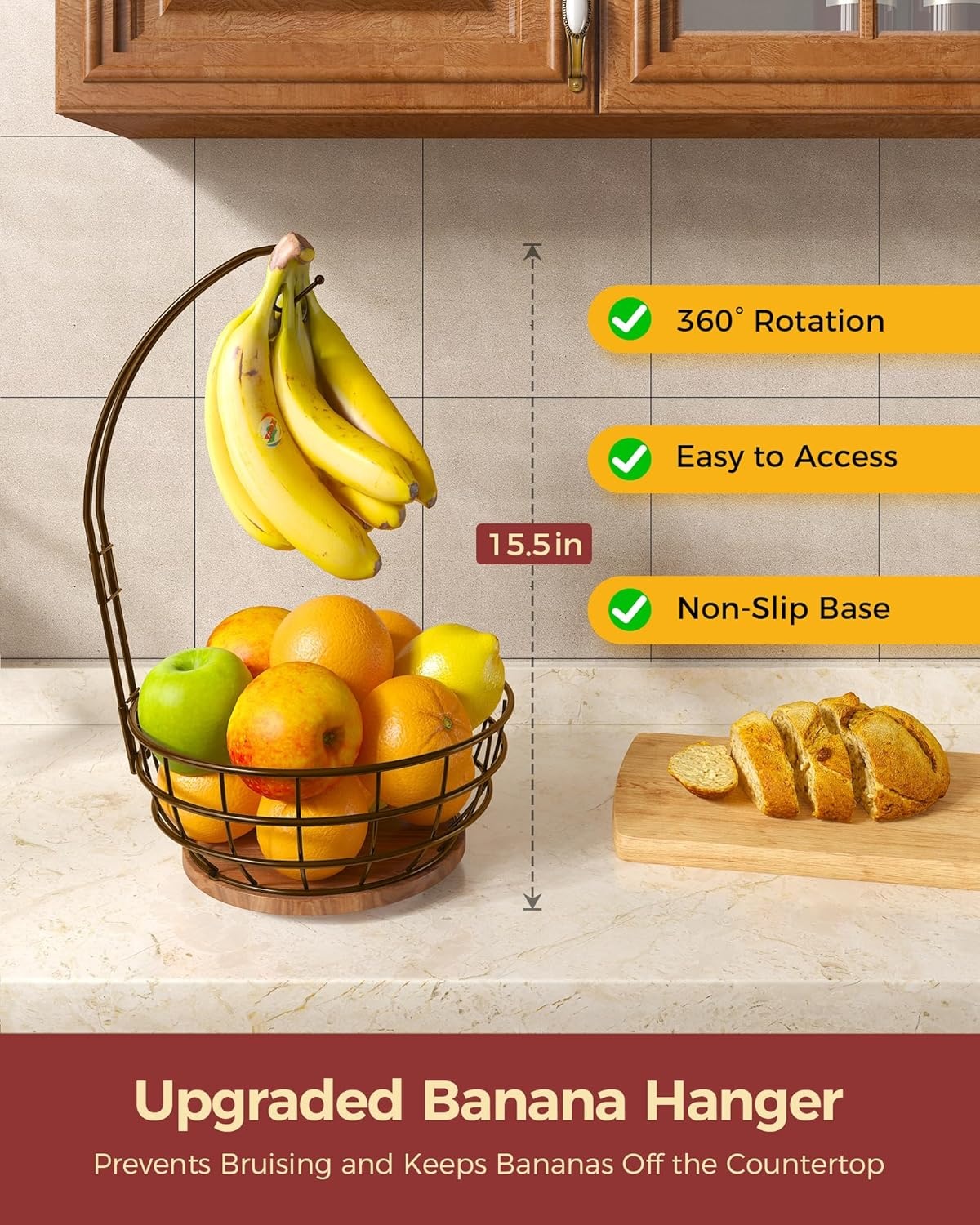 image:imageSevenblue 360Rotating Fruit Basket for Kitchen Counter with Upgraded Banana Hanger 2026 Pro Metal Countertop Fruit and Vegetable Basket Bowl Storage with Wooden NonSlip Base BlackBrown