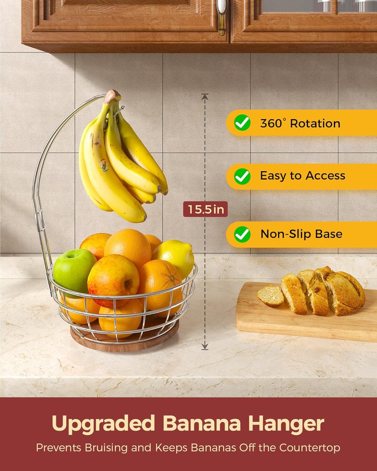 image:imageSevenblue 360Rotating Fruit Basket for Kitchen Counter with Upgraded Banana Hanger 2026 Pro Metal Countertop Fruit and Vegetable Basket Bowl Storage with Wooden NonSlip Base BlackSilver