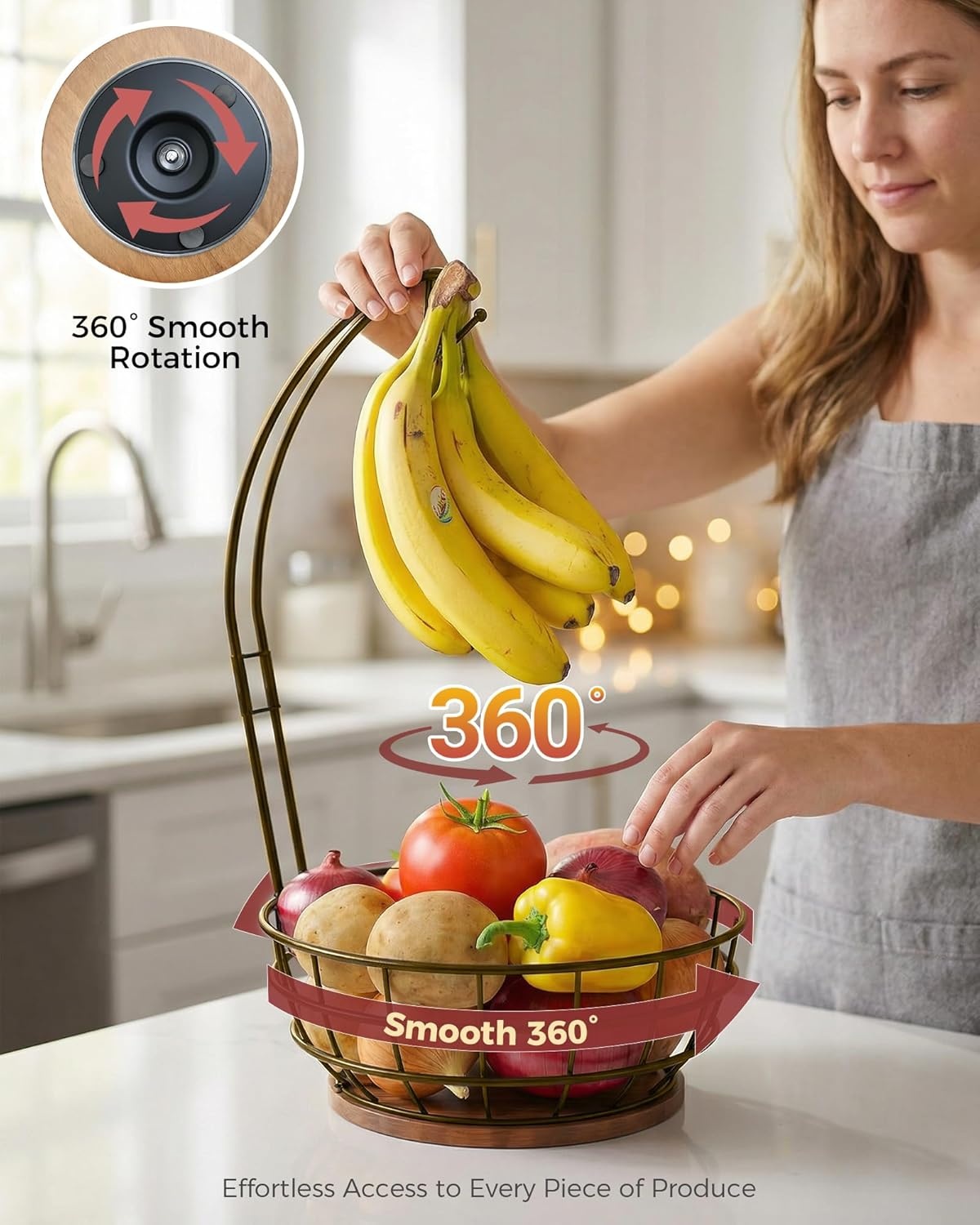 image:imageSevenblue 360Rotating Fruit Basket for Kitchen Counter with Upgraded Banana Hanger 2026 Pro Metal Countertop Fruit and Vegetable Basket Bowl Storage with Wooden NonSlip Base BlackBrown