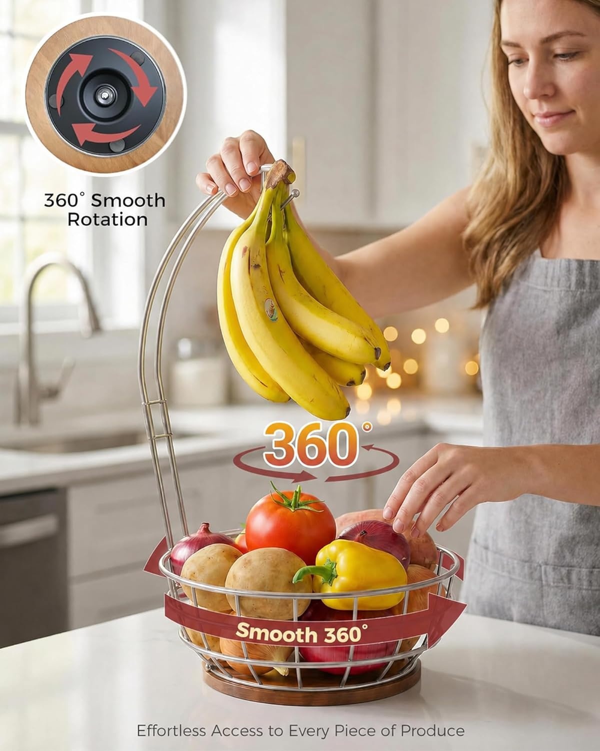 image:imageSevenblue 360Rotating Fruit Basket for Kitchen Counter with Upgraded Banana Hanger 2026 Pro Metal Countertop Fruit and Vegetable Basket Bowl Storage with Wooden NonSlip Base BlackSilver