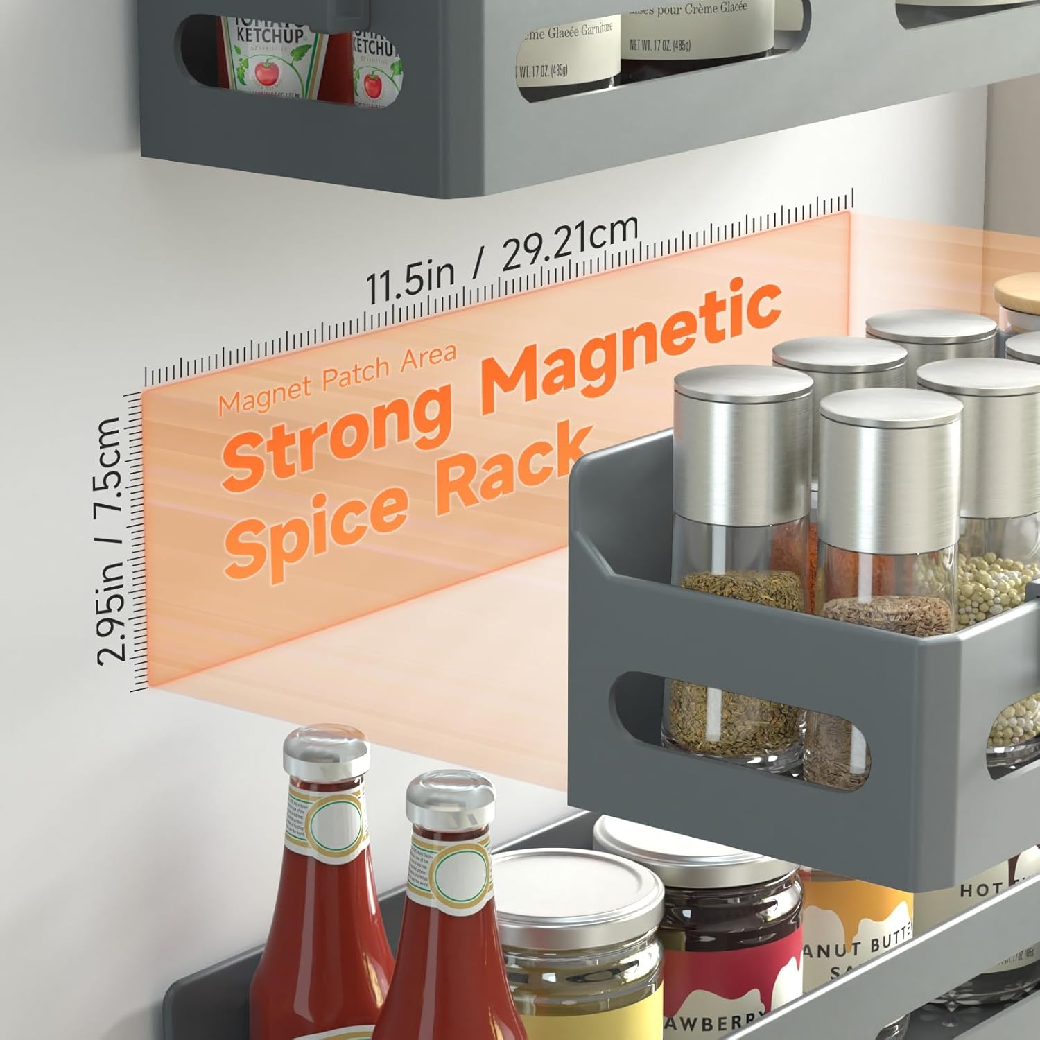 image:imageSevenblue 4 Pack Strong Magnetic Spice Rack for Refrigerator Multipurpose Magnetic Shelf for Fridge with 4 Hooks for Kitchen and Bathroom Organization BlackGrey