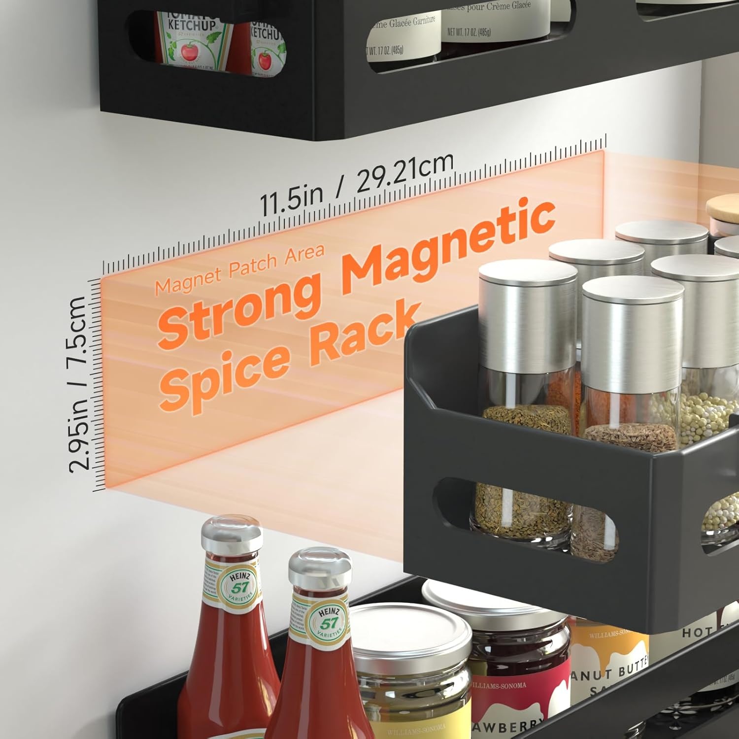 image:imageSevenblue 4 Pack Strong Magnetic Spice Rack for Refrigerator Multipurpose Magnetic Shelf for Fridge with 4 Hooks for Kitchen and Bathroom Organization BlackBlack
