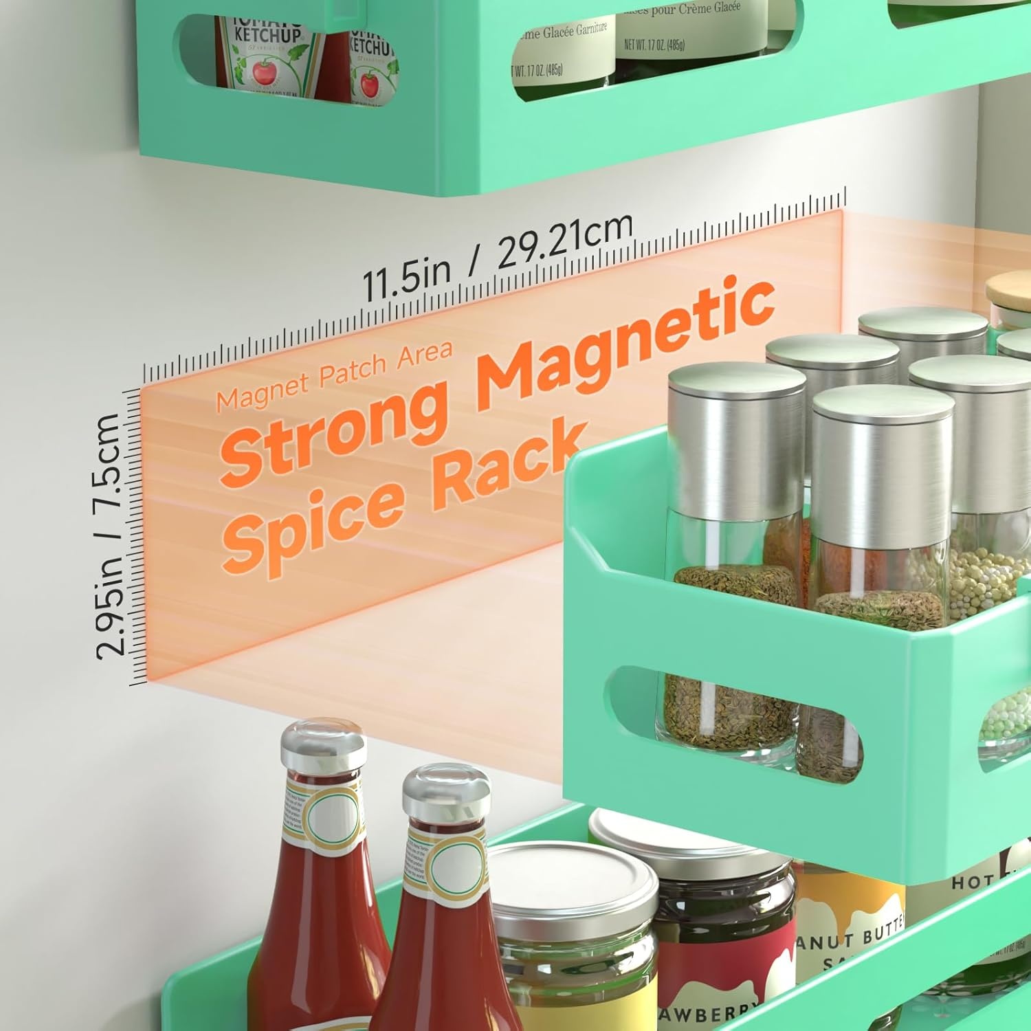 image:imageSevenblue 4 Pack Strong Magnetic Spice Rack for Refrigerator Multipurpose Magnetic Shelf for Fridge with 4 Hooks for Kitchen and Bathroom Organization BlackGreen