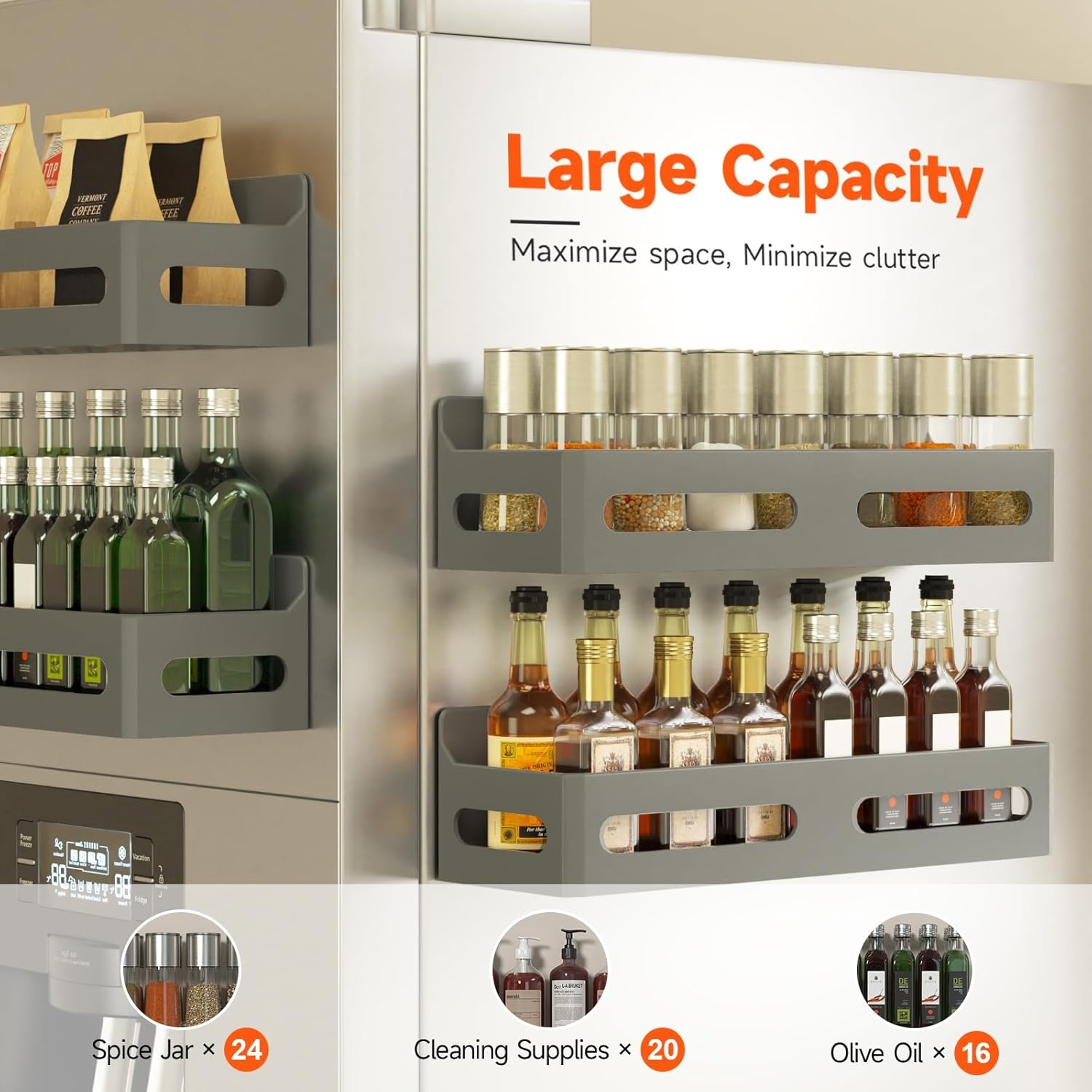 image:imageSevenblue 4 Pack Strong Magnetic Spice Rack for Refrigerator Multipurpose Magnetic Shelf for Fridge with 4 Hooks for Kitchen and Bathroom Organization BlackGrey