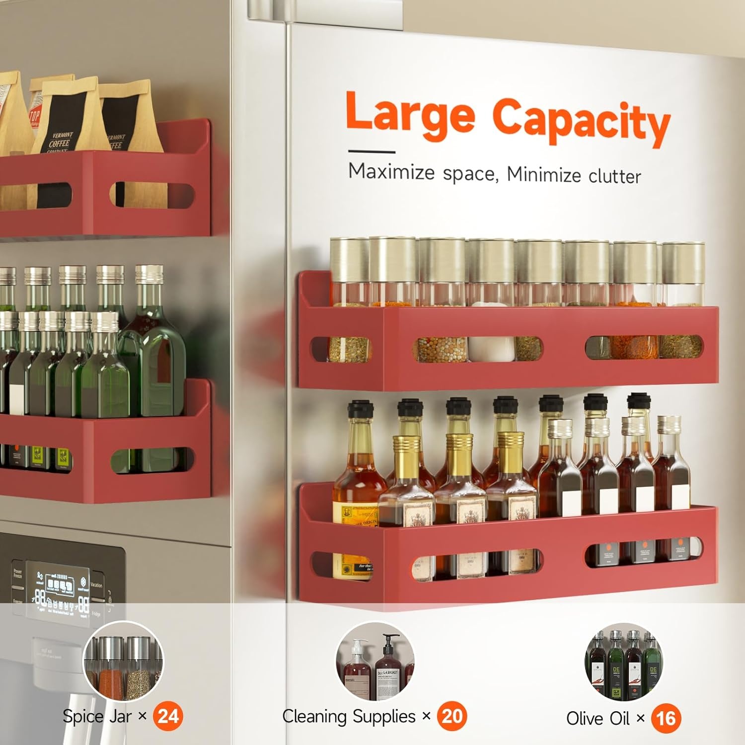 image:imageSevenblue 4 Pack Strong Magnetic Spice Rack for Refrigerator Multipurpose Magnetic Shelf for Fridge with 4 Hooks for Kitchen and Bathroom Organization BlackRed