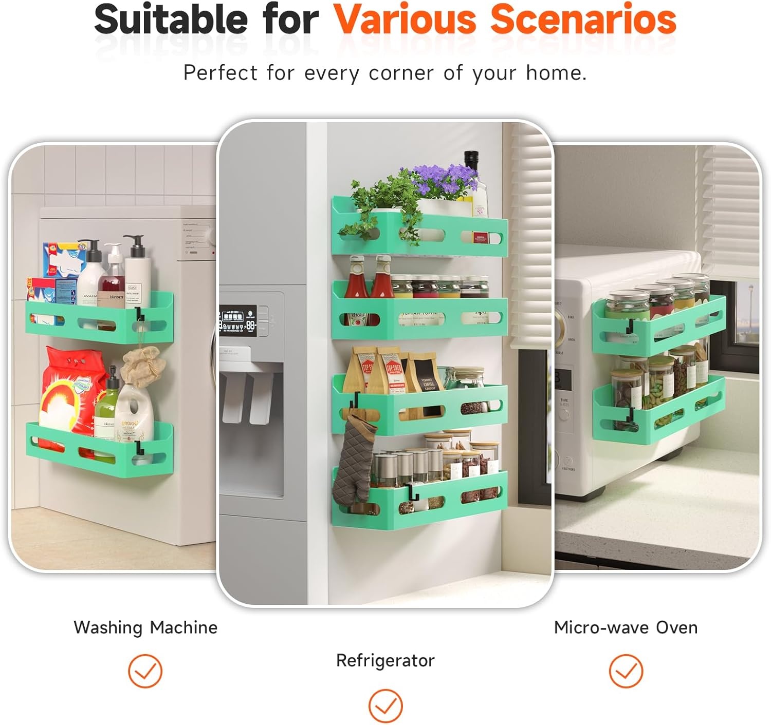 image:imageSevenblue 4 Pack Strong Magnetic Spice Rack for Refrigerator Multipurpose Magnetic Shelf for Fridge with 4 Hooks for Kitchen and Bathroom Organization BlackGreen