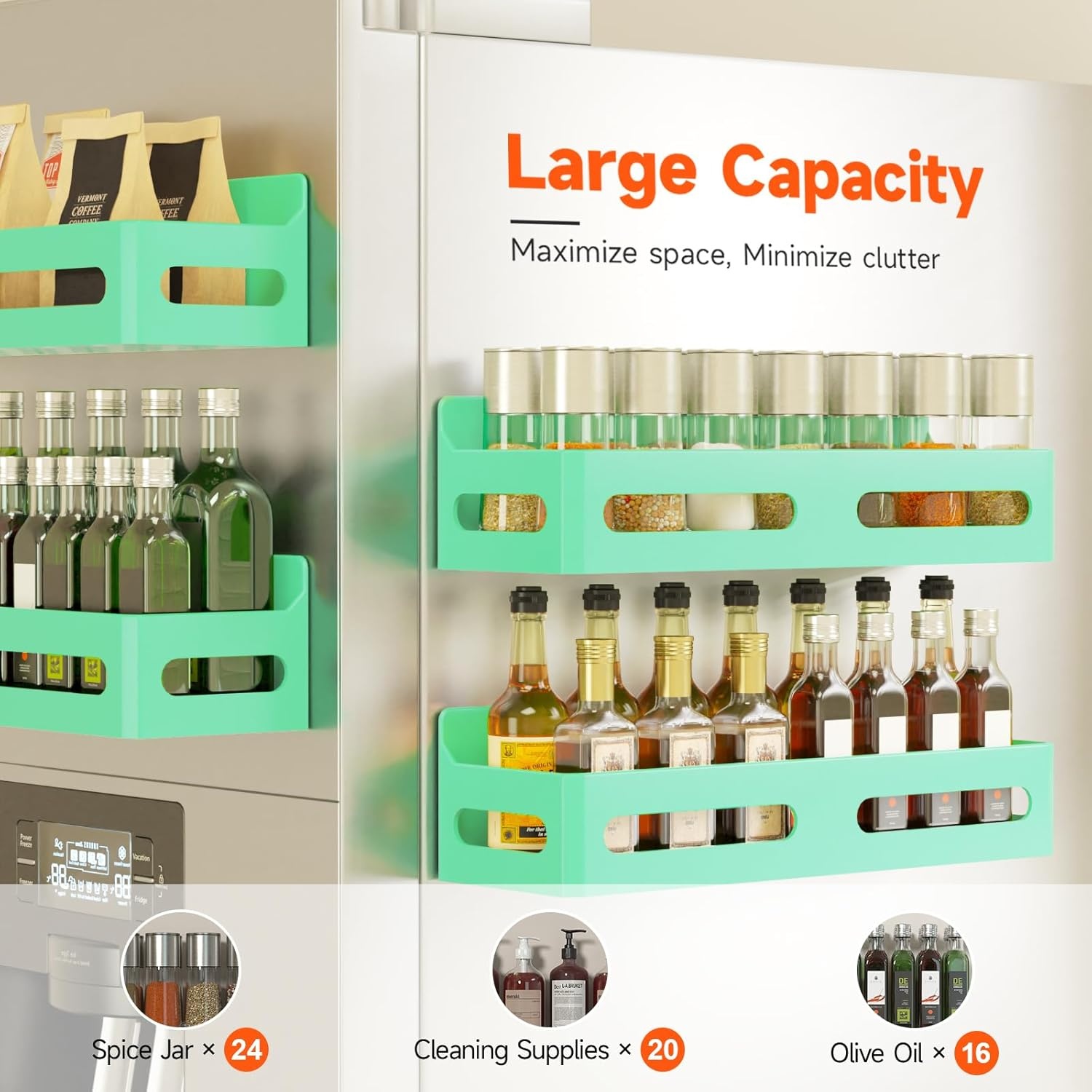 image:imageSevenblue 4 Pack Strong Magnetic Spice Rack for Refrigerator Multipurpose Magnetic Shelf for Fridge with 4 Hooks for Kitchen and Bathroom Organization BlackGreen