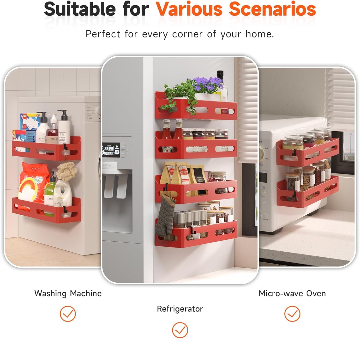 image:imageSevenblue 4 Pack Strong Magnetic Spice Rack for Refrigerator Multipurpose Magnetic Shelf for Fridge with 4 Hooks for Kitchen and Bathroom Organization BlackRed