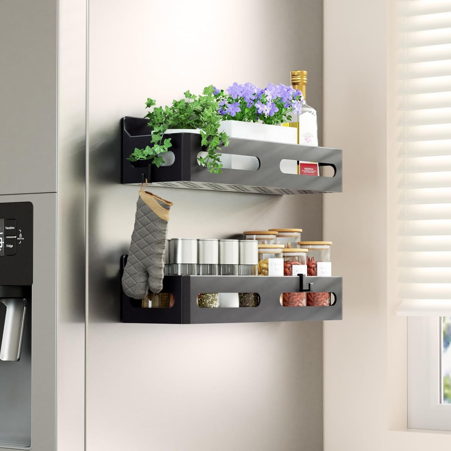 image:imageSevenblue 4 Pack Strong Magnetic Spice Rack for Refrigerator Multipurpose Magnetic Shelf for Fridge with 4 Hooks for Kitchen and Bathroom Organization BlackBlack
