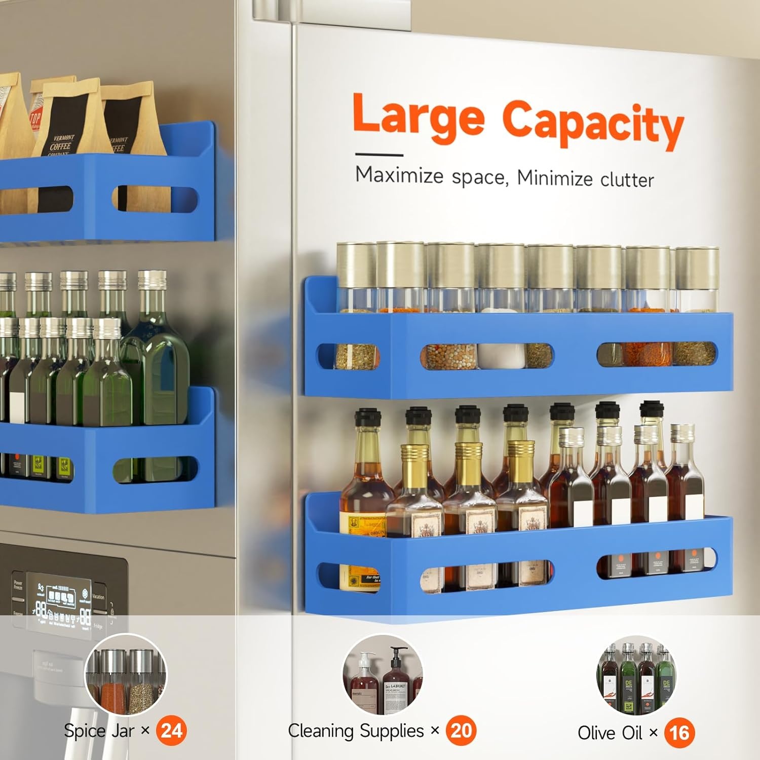 image:imageSevenblue 4 Pack Strong Magnetic Spice Rack for Refrigerator Multipurpose Magnetic Shelf for Fridge with 4 Hooks for Kitchen and Bathroom Organization BlackBlue