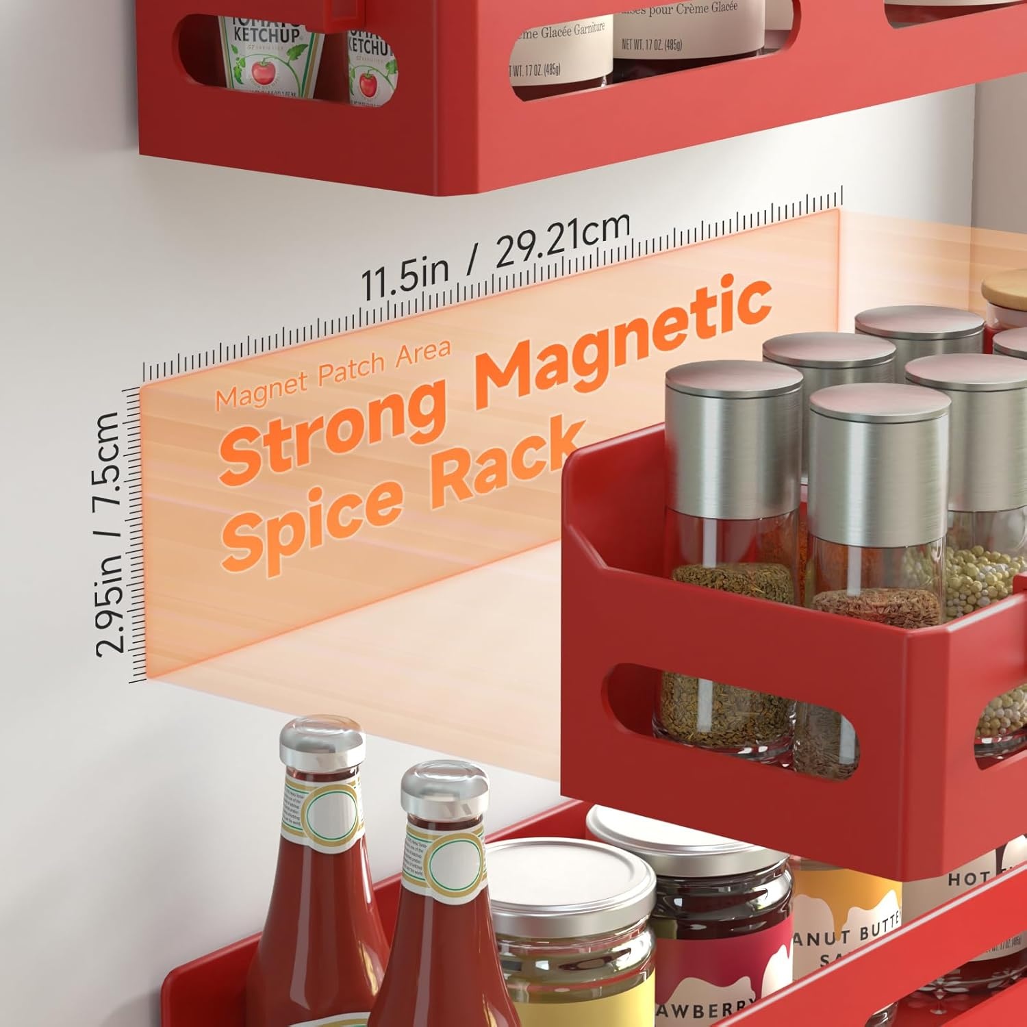 image:imageSevenblue 4 Pack Strong Magnetic Spice Rack for Refrigerator Multipurpose Magnetic Shelf for Fridge with 4 Hooks for Kitchen and Bathroom Organization BlackRed