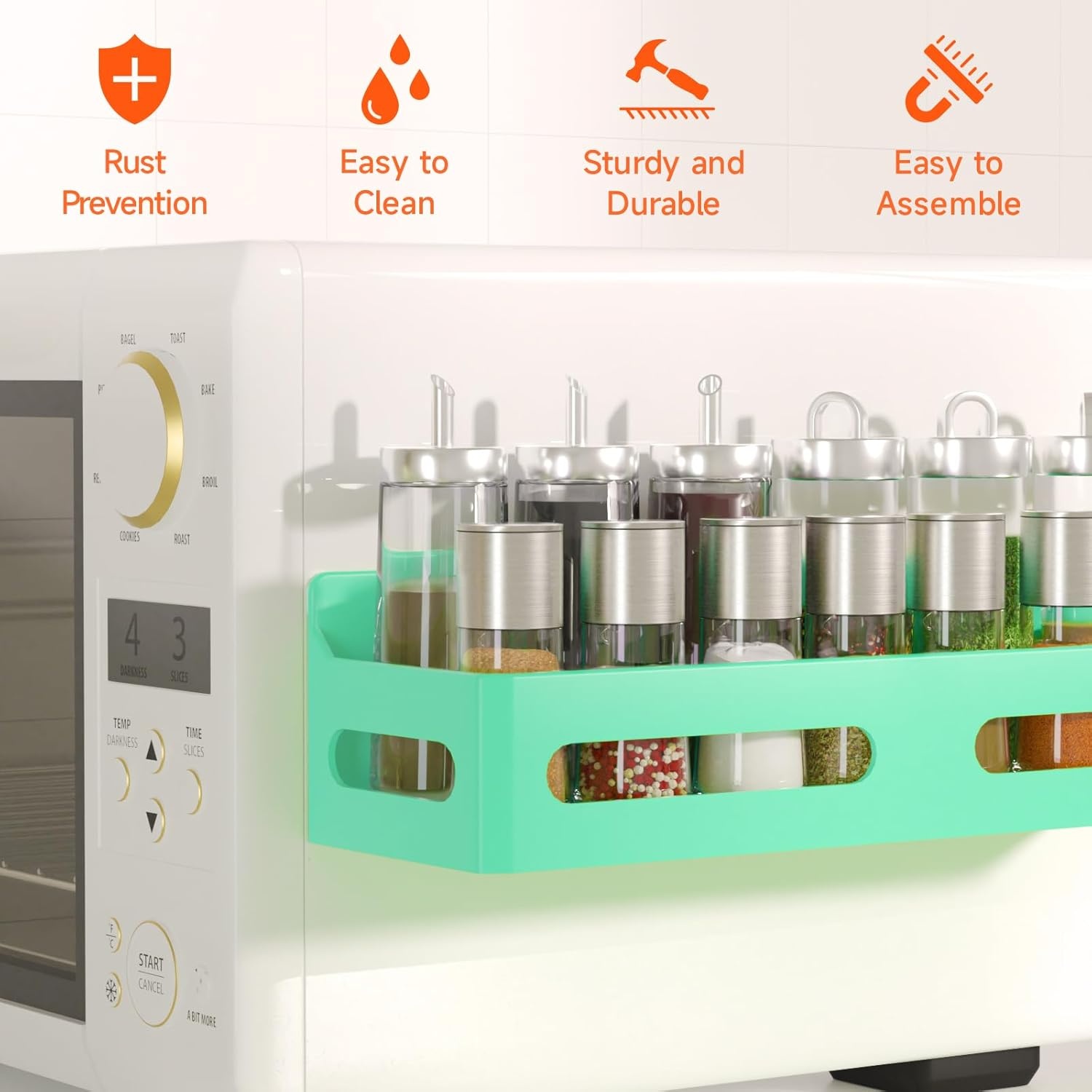 image:imageSevenblue 4 Pack Strong Magnetic Spice Rack for Refrigerator Multipurpose Magnetic Shelf for Fridge with 4 Hooks for kitchen and Bathroom Organization GreyGreen
