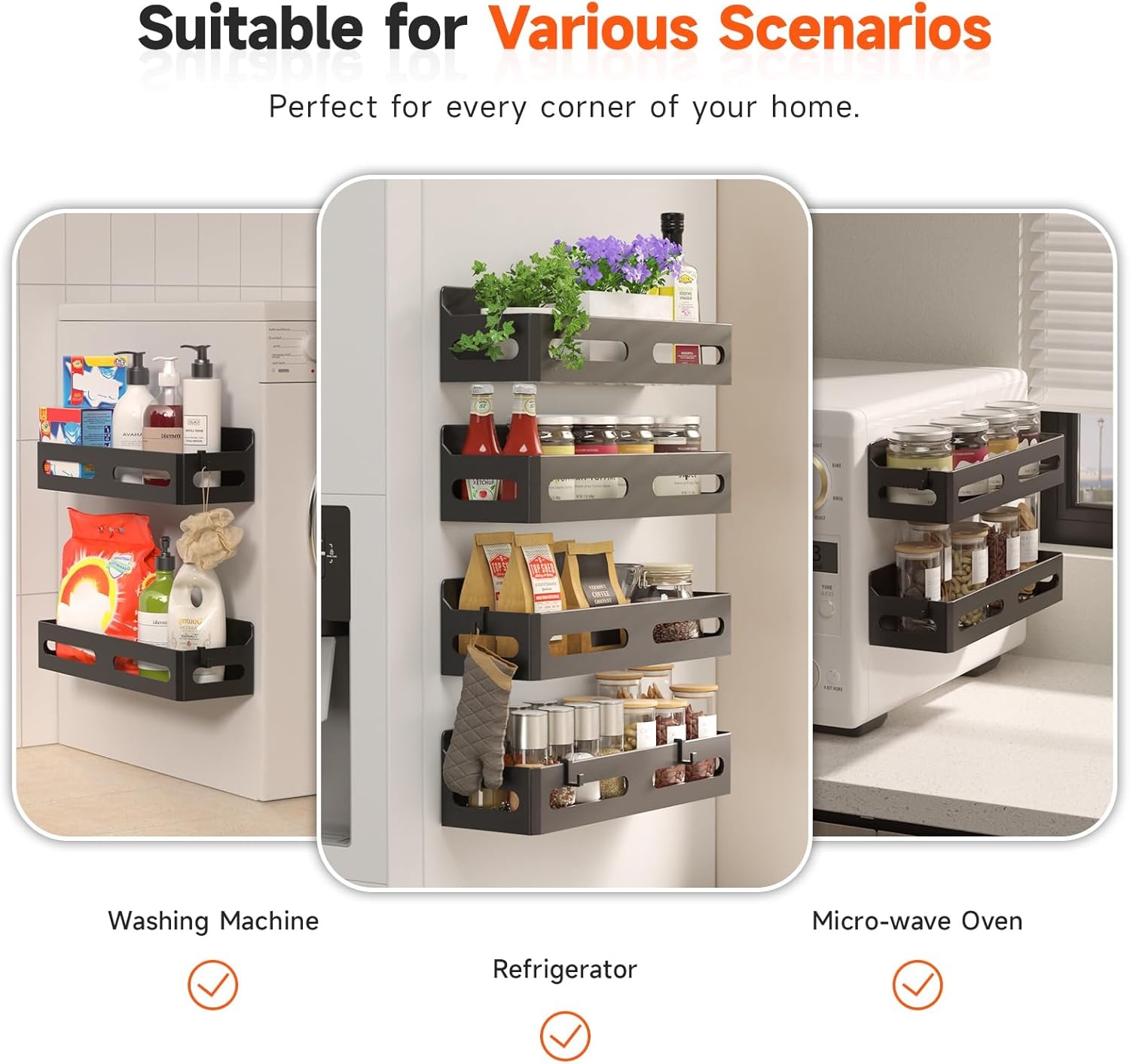 image:imageSevenblue 4 Pack Strong Magnetic Spice Rack for Refrigerator Multipurpose Magnetic Shelf for Fridge with 4 Hooks for kitchen and Bathroom Organization GreyBlack