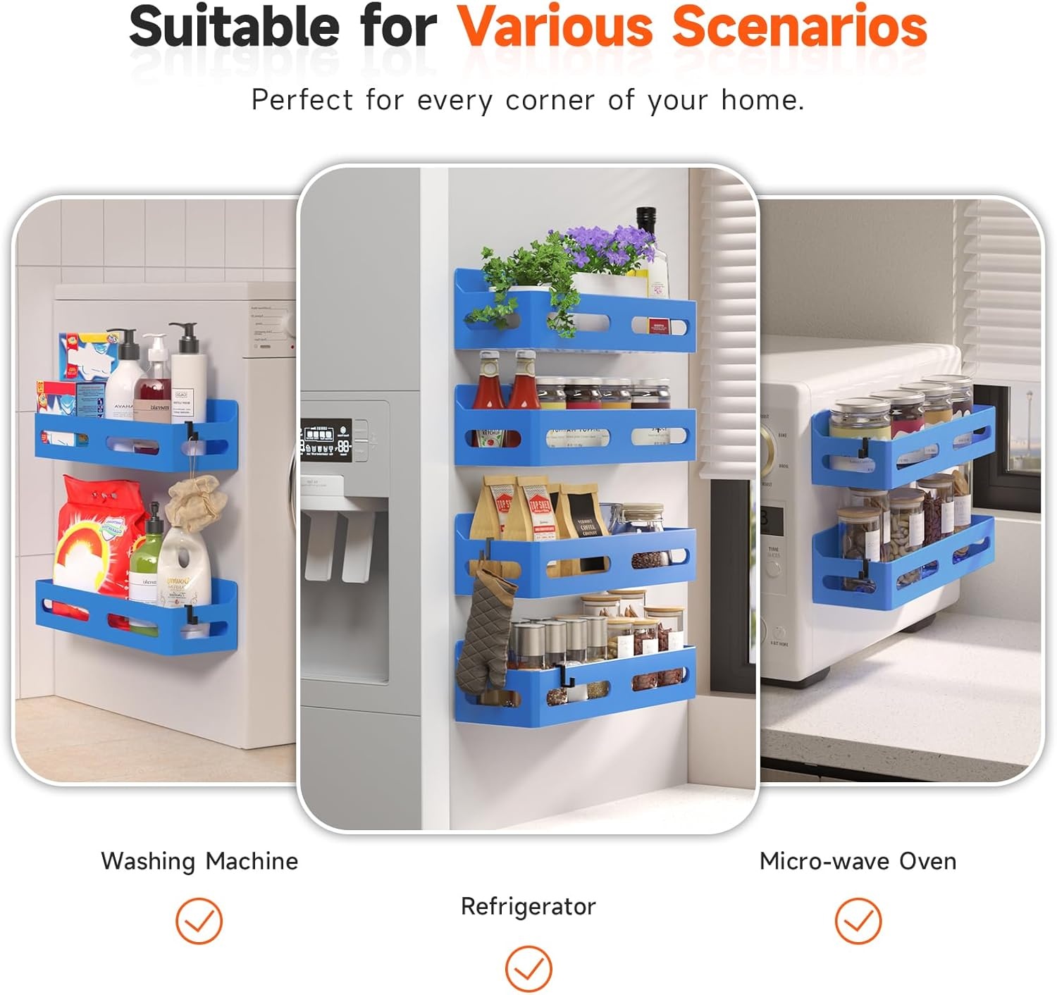 image:imageSevenblue 4 Pack Strong Magnetic Spice Rack for Refrigerator Multipurpose Magnetic Shelf for Fridge with 4 Hooks for kitchen and Bathroom Organization GreyBlue