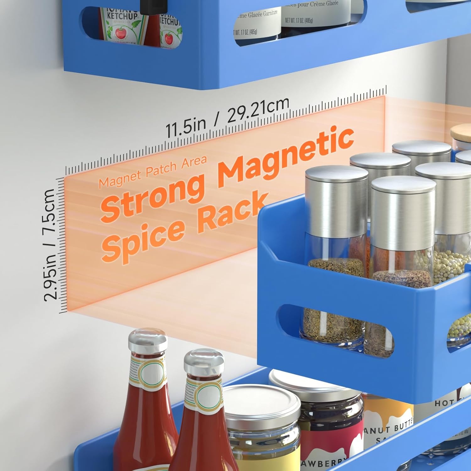 image:imageSevenblue 4 Pack Strong Magnetic Spice Rack for Refrigerator Multipurpose Magnetic Shelf for Fridge with 4 Hooks for kitchen and Bathroom Organization GreyBlue