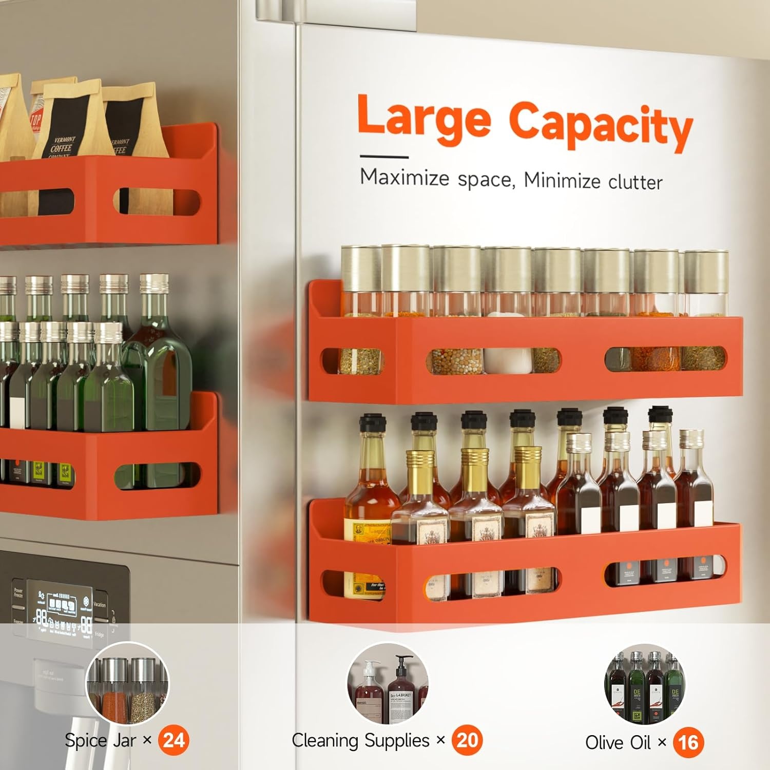 image:imageSevenblue 4 Pack Strong Magnetic Spice Rack for Refrigerator Multipurpose Magnetic Shelf for Fridge with 4 Hooks for kitchen and Bathroom Organization GreyOrgange