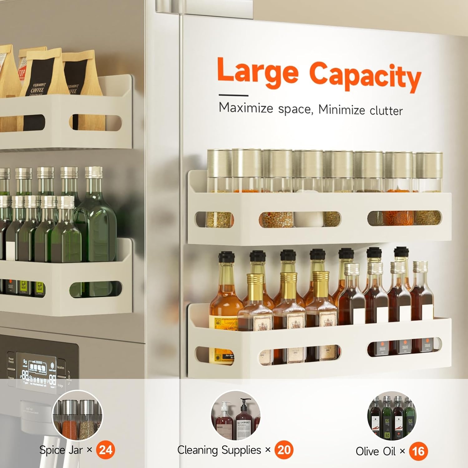 image:imageSevenblue 4 Pack Strong Magnetic Spice Rack for Refrigerator Multipurpose Magnetic Shelf for Fridge with 4 Hooks for kitchen and Bathroom Organization GreyWhite