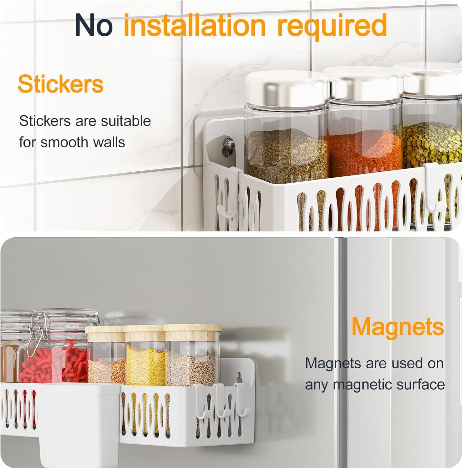 image:imageSevenblue 4 Pack Strong Magnetic Spice Rack for Refrigerator Multipurpose Magnetic Shelf for Fridge with 4 Hooks for kitchen and Bathroom Organization GreyWhiteold