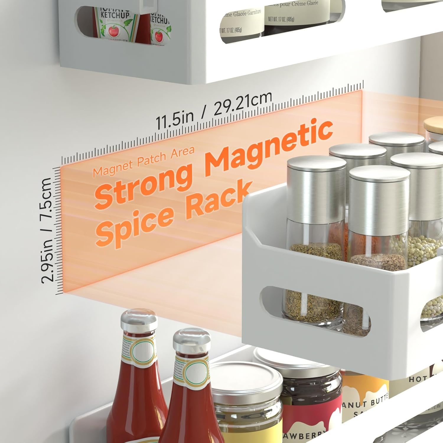 image:imageSevenblue 4 Pack Strong Magnetic Spice Rack for Refrigerator Multipurpose Magnetic Shelf for Fridge with 4 Hooks for kitchen and Bathroom Organization GreyWhite