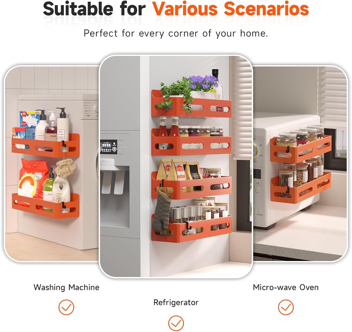 image:imageSevenblue 4 Pack Strong Magnetic Spice Rack for Refrigerator Multipurpose Magnetic Shelf for Fridge with 4 Hooks for kitchen and Bathroom Organization GreyOrgange
