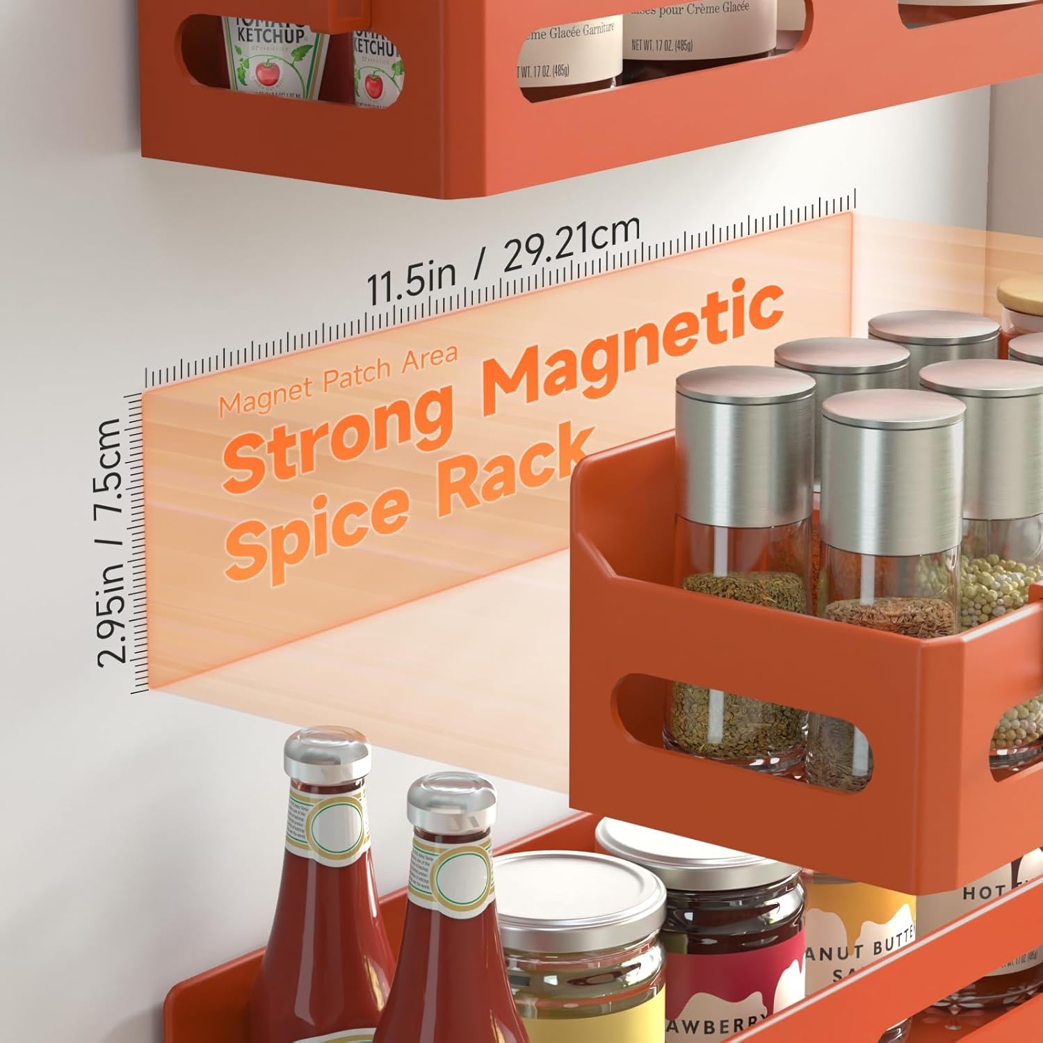 image:imageSevenblue 4 Pack Strong Magnetic Spice Rack for Refrigerator Multipurpose Magnetic Shelf for Fridge with 4 Hooks for kitchen and Bathroom Organization GreyOrgange
