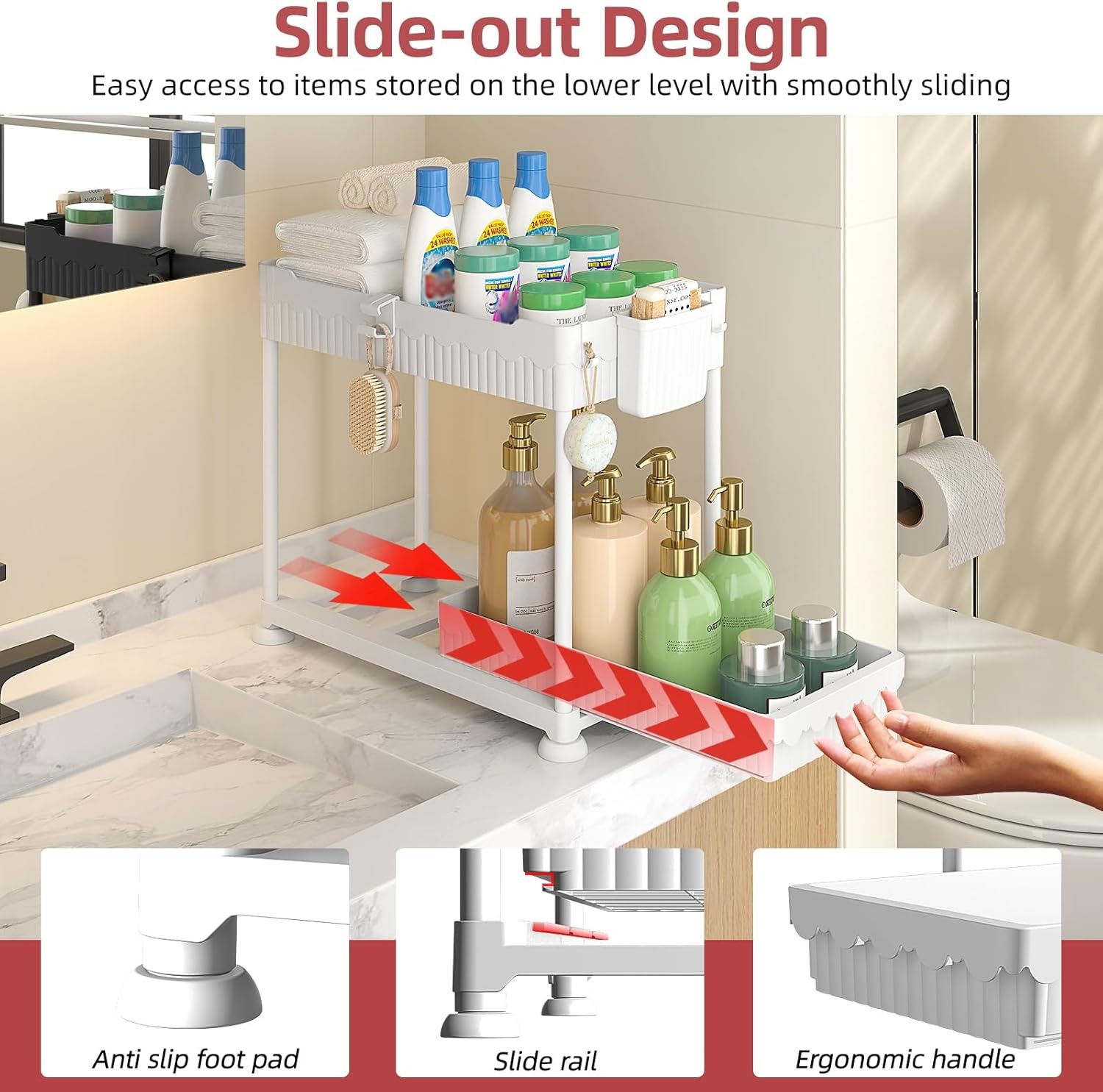 image:imageSevenblue 4 Pack Under Sink Organizer Bathroom Organizers and Storage 2 Tier MultiUse Pull Out Cabinet Organizer with Hang Hooks and Cups Black 4 PackWhite